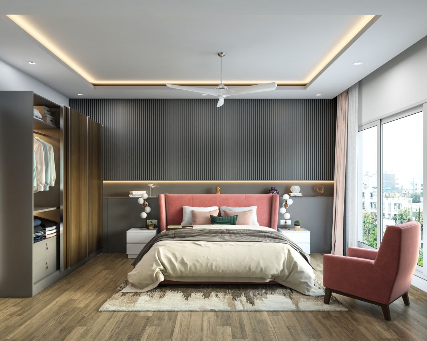 Spacious Grey Master Bedroom With Queen-Sized Bed And Pink Headboard ...
