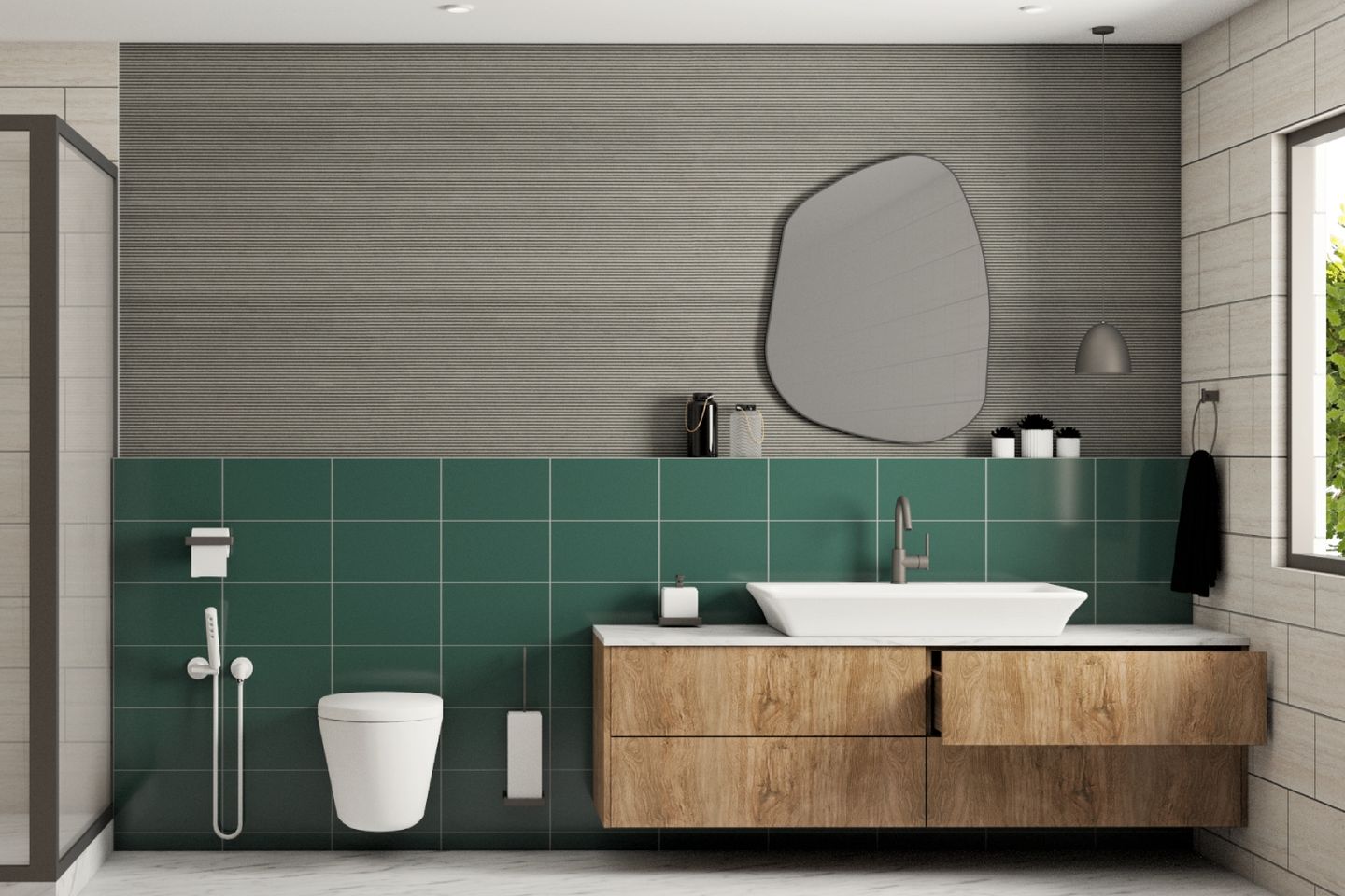 Rectangular Grid Dark Green Bathroom Tile Design | Livspace