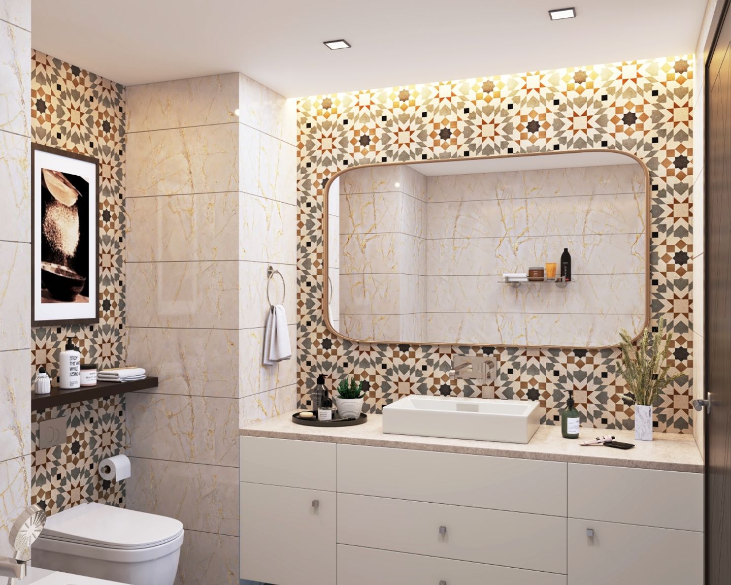 Semi-Glossy Multicoloured Mosaid Bathroom Tiles With White Vanity Unit - Livspace