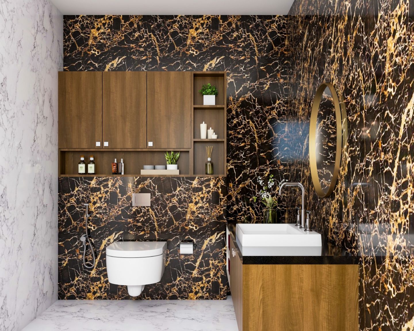 Contemporary Abstract Ceramic Black And Gold Bathroom Tile Design - Livspace