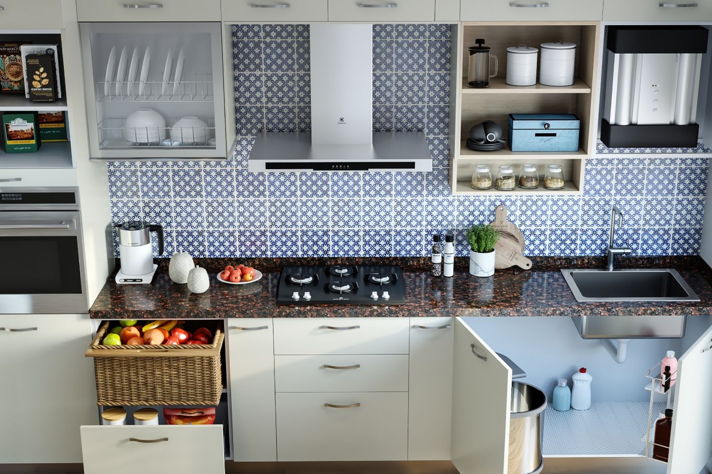 Dark Blue And White Moroccan Kitchen Tile Design | Livspace