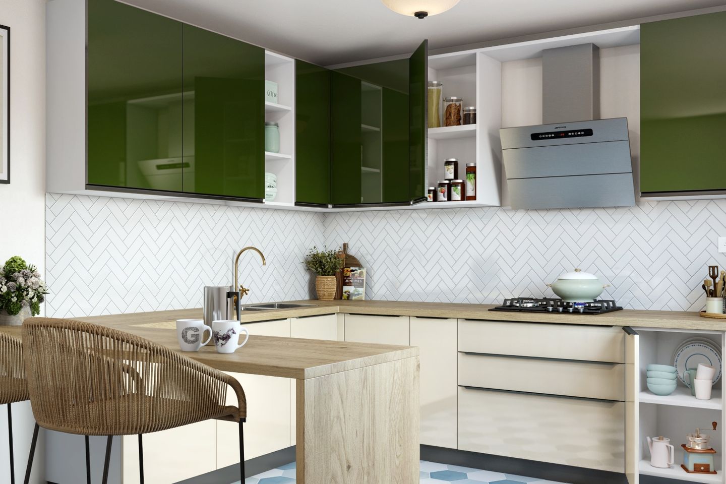 White Rectangular Herringbone Kitchen Tile Design With Tropical Green And Wood Cabinets - Livspace