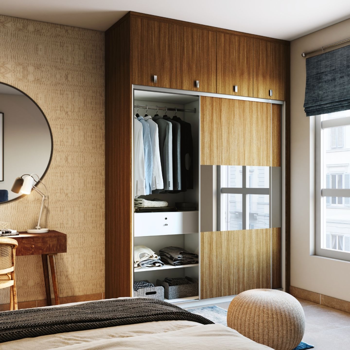 Wooden 2-Door Sliding Wardrobe Design With Mirror And Integrated Dressing Unit - Livspace