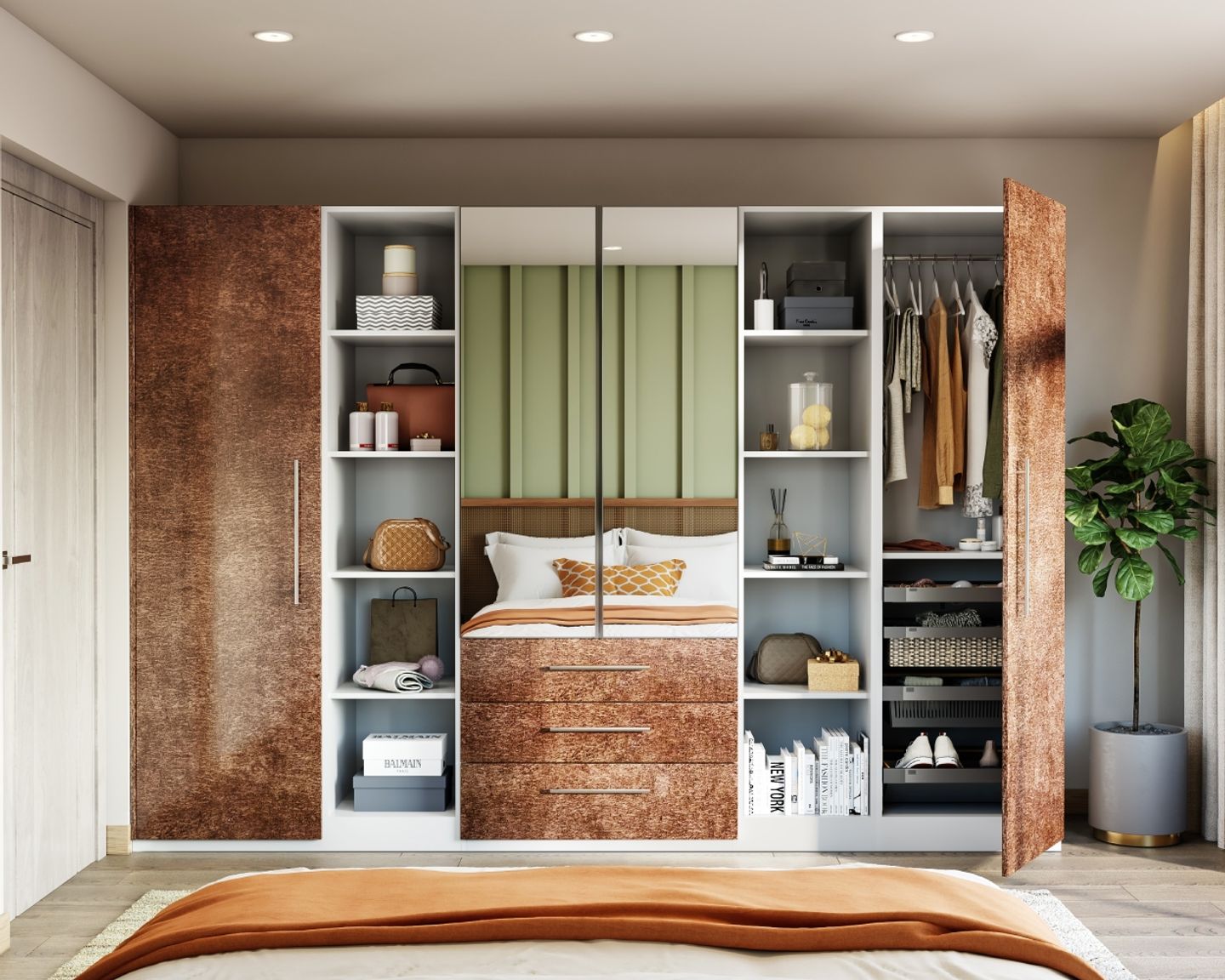 4-Door Swing Wardrobe Design With Textured Brown Shutters, Mirror And Ample Storage - Livspace