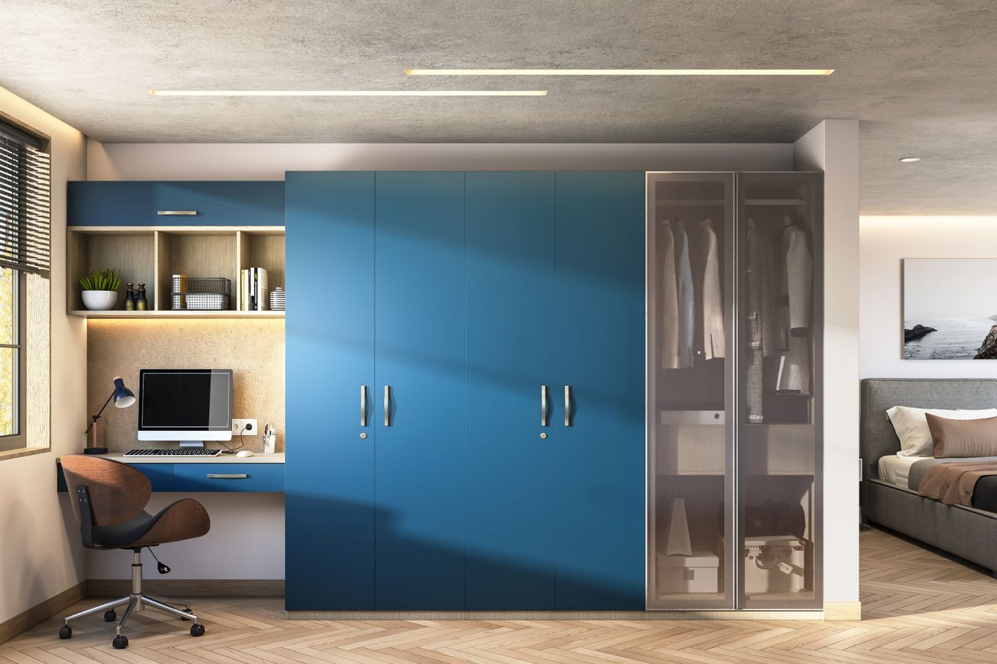 6-Door Blue Swing Wardrobe Design With Glass Shutters And Integrated Blue And Wood Study Unit - Livspace
