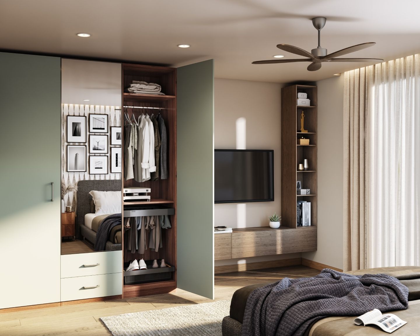 Blue And Brown 3-Door Swing Wardrobe Design With Mirror And Ample Storage Space - Livspace