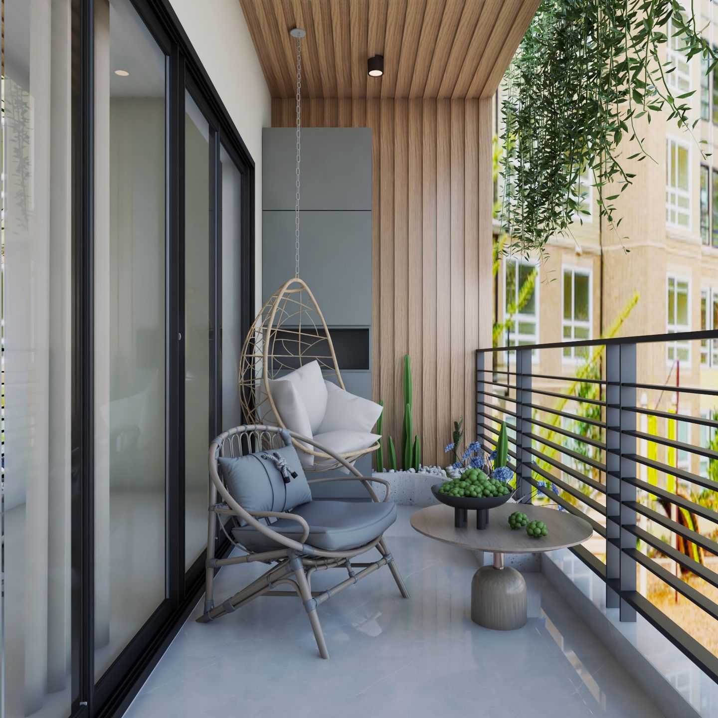 Coastal Balcony Railing Design With Grey Storage Unit And Wooden Floor ...