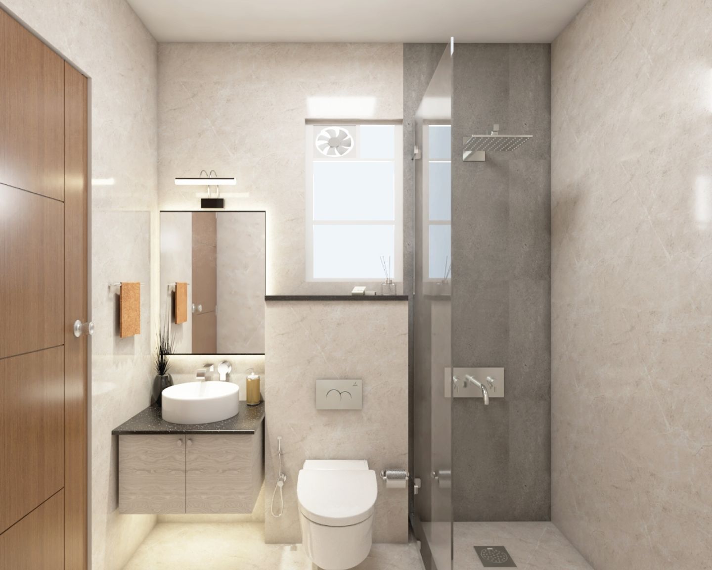 Beige And Grey Bathroom Design With Wooden Cabinet And Glass Partition ...