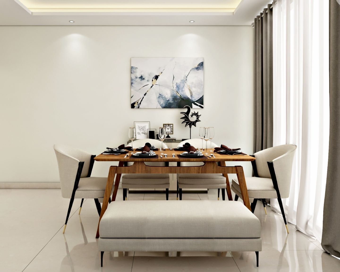 Minimalistic Dining Room Design With 4-Seater Wood And Beige Dining Table With Black Legs, Off-White Seater And Crockery Storage - Livspace	https://gran.livspace.com/editor/content?id=65fcfe5d675bf35d01312d24
