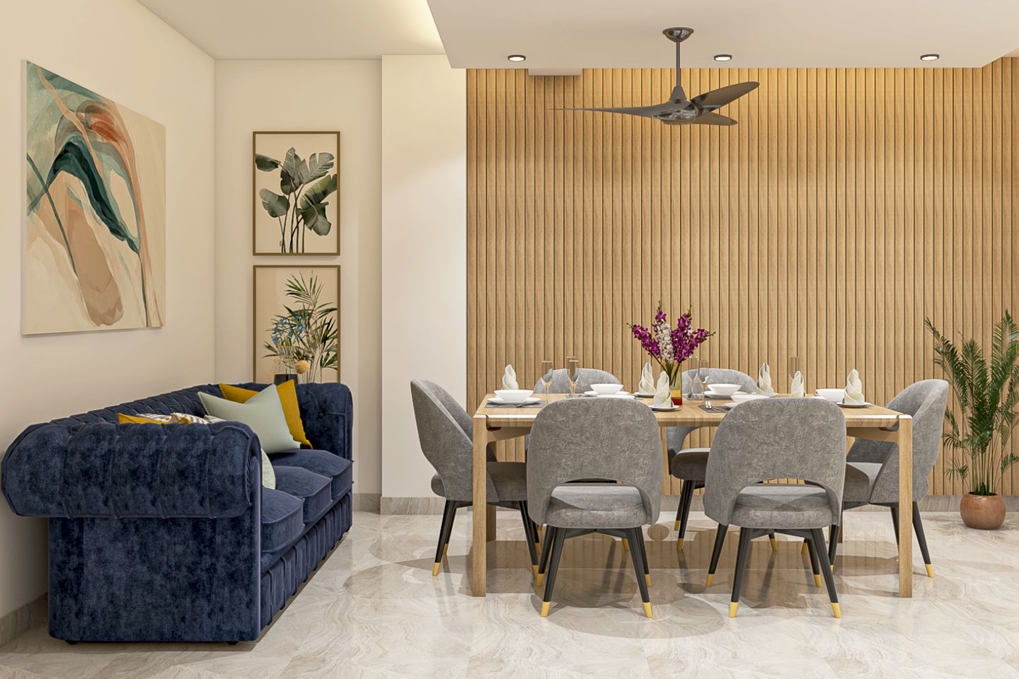 Spacious Dining Room Design With 6-Seater Grey And Wood Dining Table, Blue Velvet Sofa And Wooden Wall Panelling - Livspace