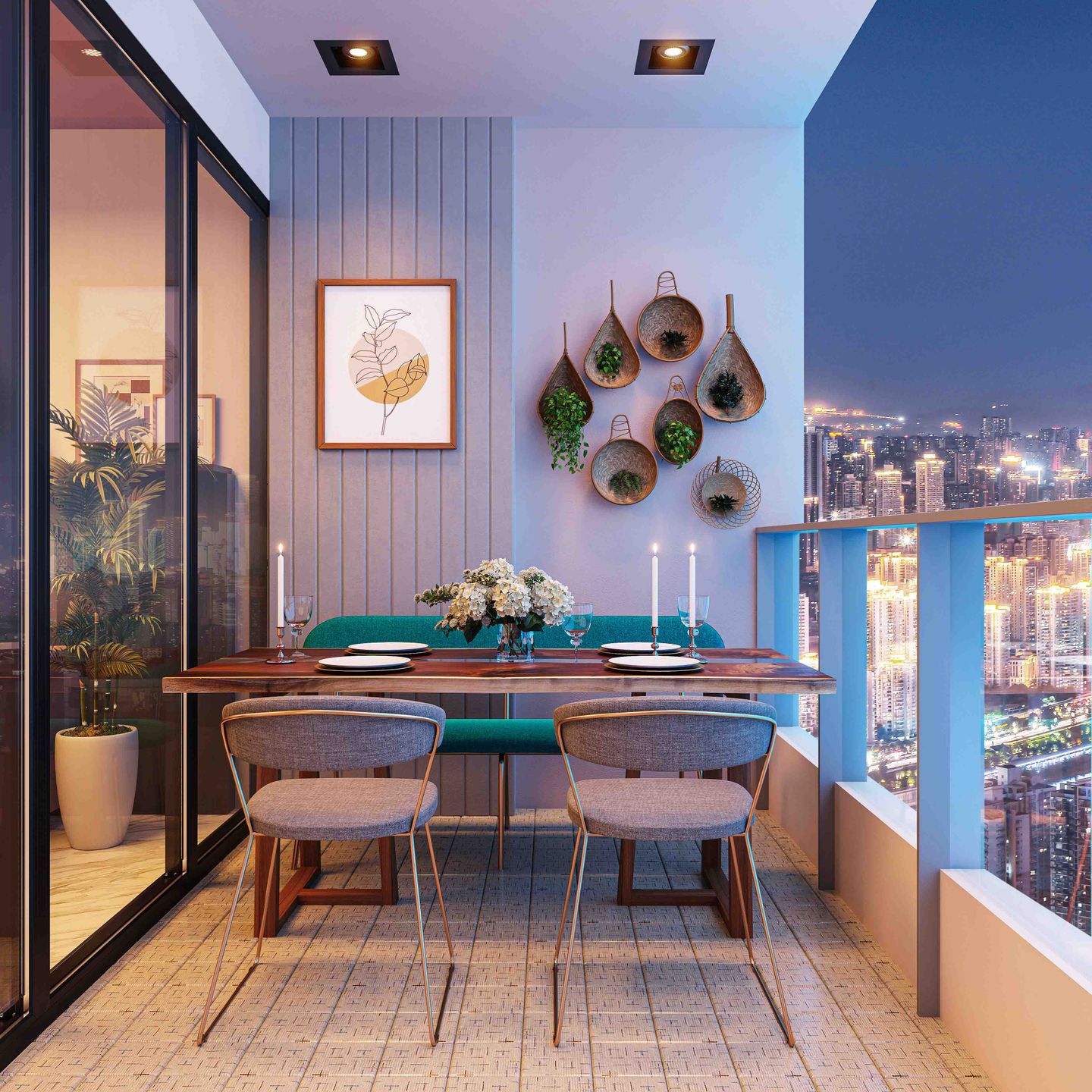 Balcony Design With 4-Seater Dining Table, White Wall Paint And Turquoise Seater - Livspace