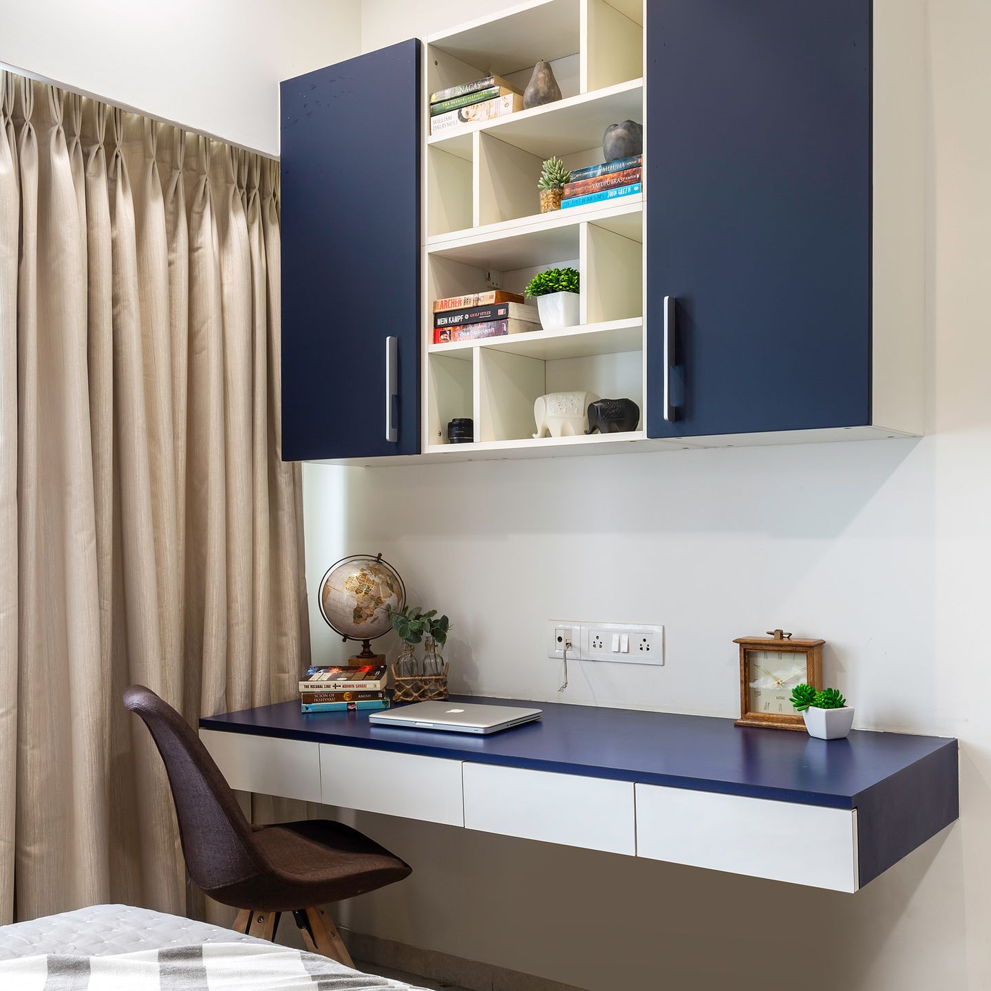 Blue And White Modern Home Office Design With Open And Closed Storage
