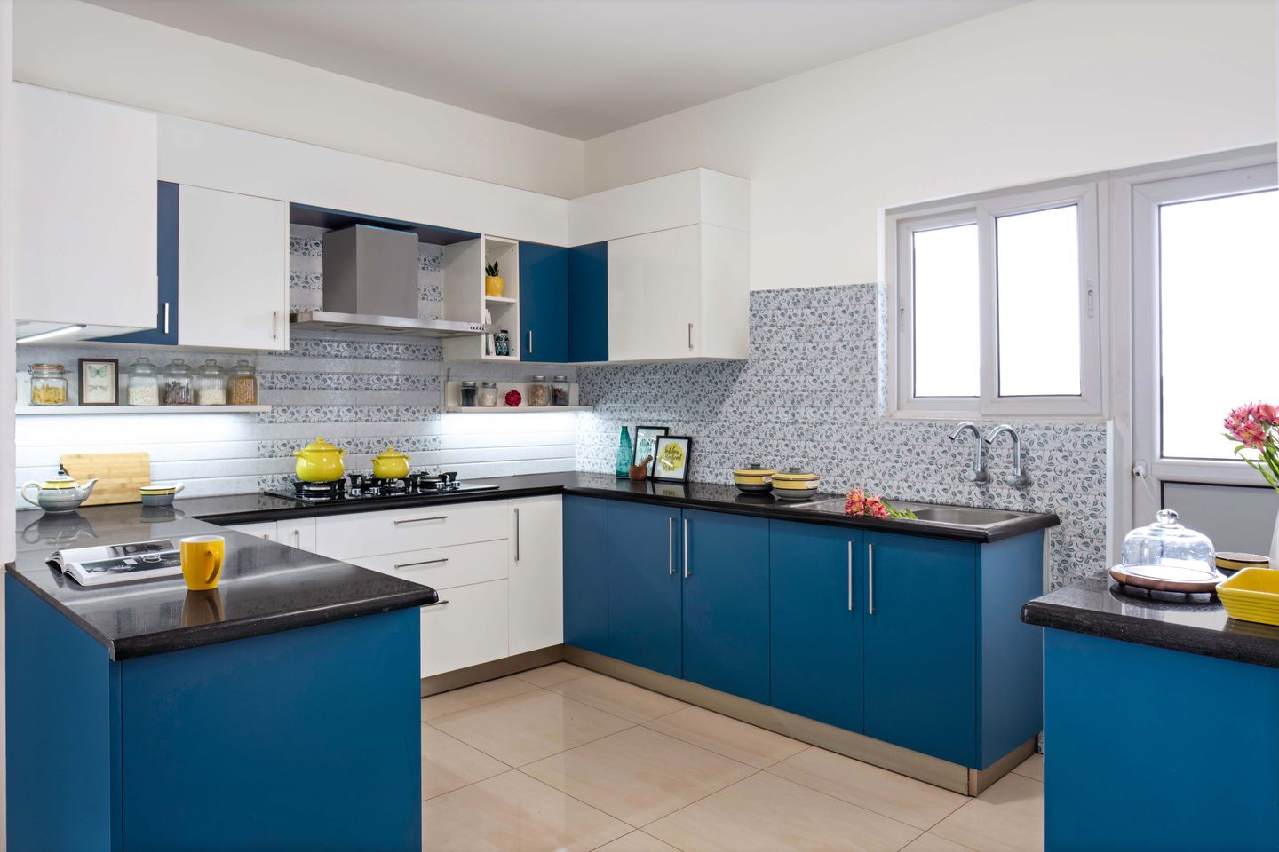 Shore Blue And Frosty White U-Shaped Kitchen Design With Granite ...