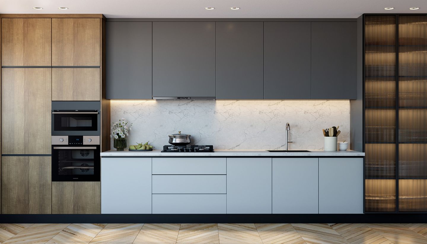 Grey And Blue Open Modular Kitchen Design With Wooden And Glass Storage ...