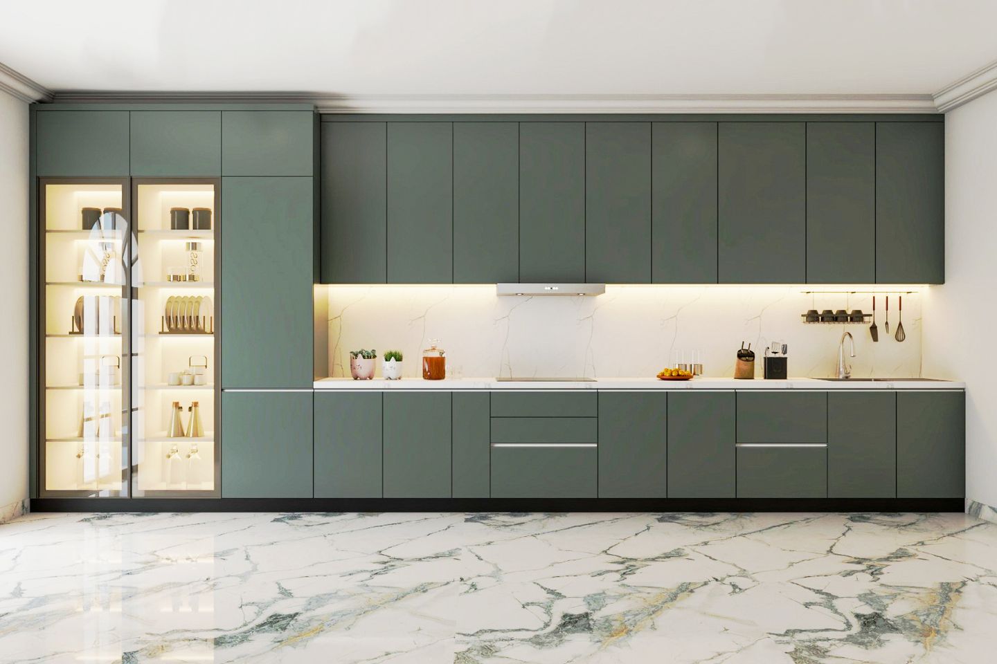 Spacious Glossy Kitchen Flooring Design In White, Green And Grey | Livspace