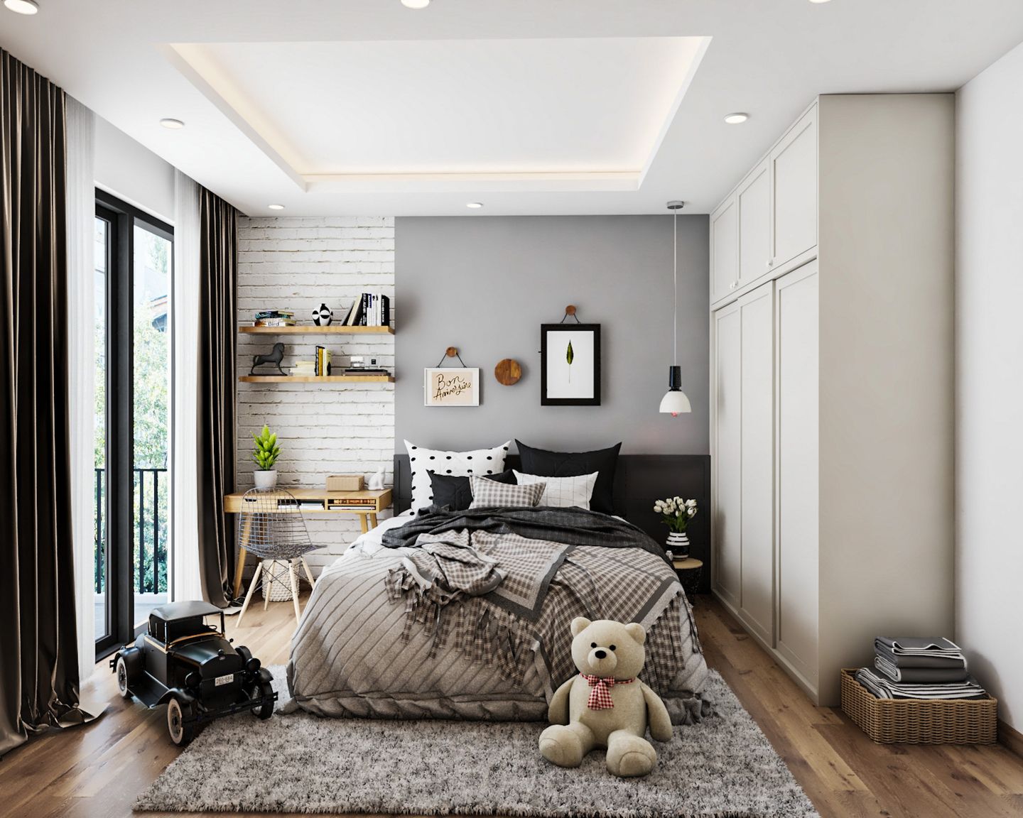 Grey Boys Room Design With White Brick Wallpaper And Wooden Study Table ...