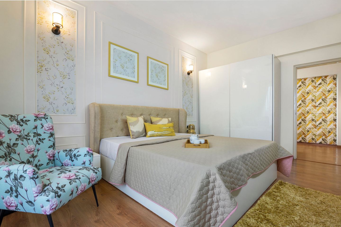 Contemporary Master Bedroom Design with Beige Tufted Headboard | Livspace