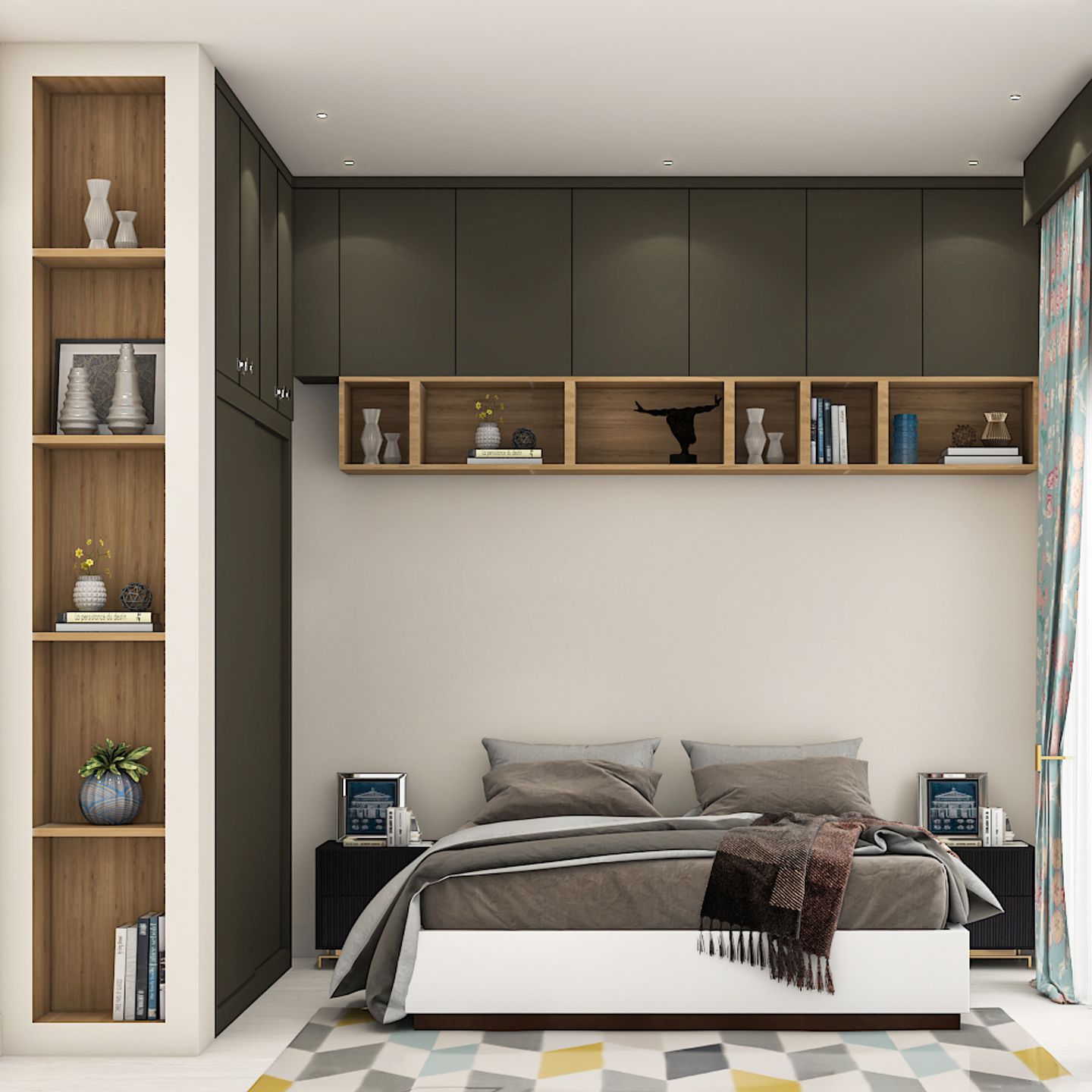 Bedroom With Space-Saving Dark Green Wardrobe And L-Shaped Lofts | Livspace