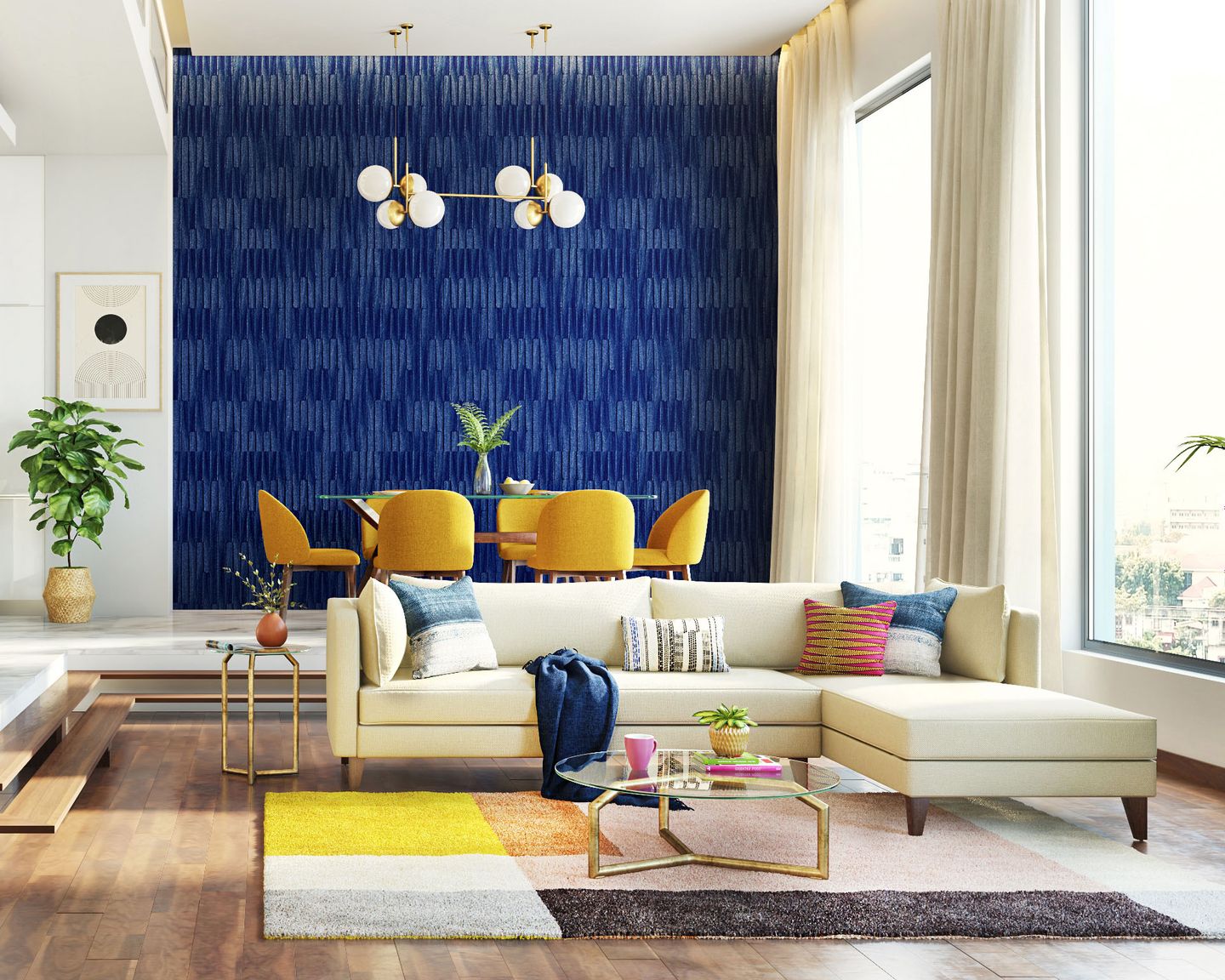 Blue Modern 3D Texture Living Room Wall Design | Livspace