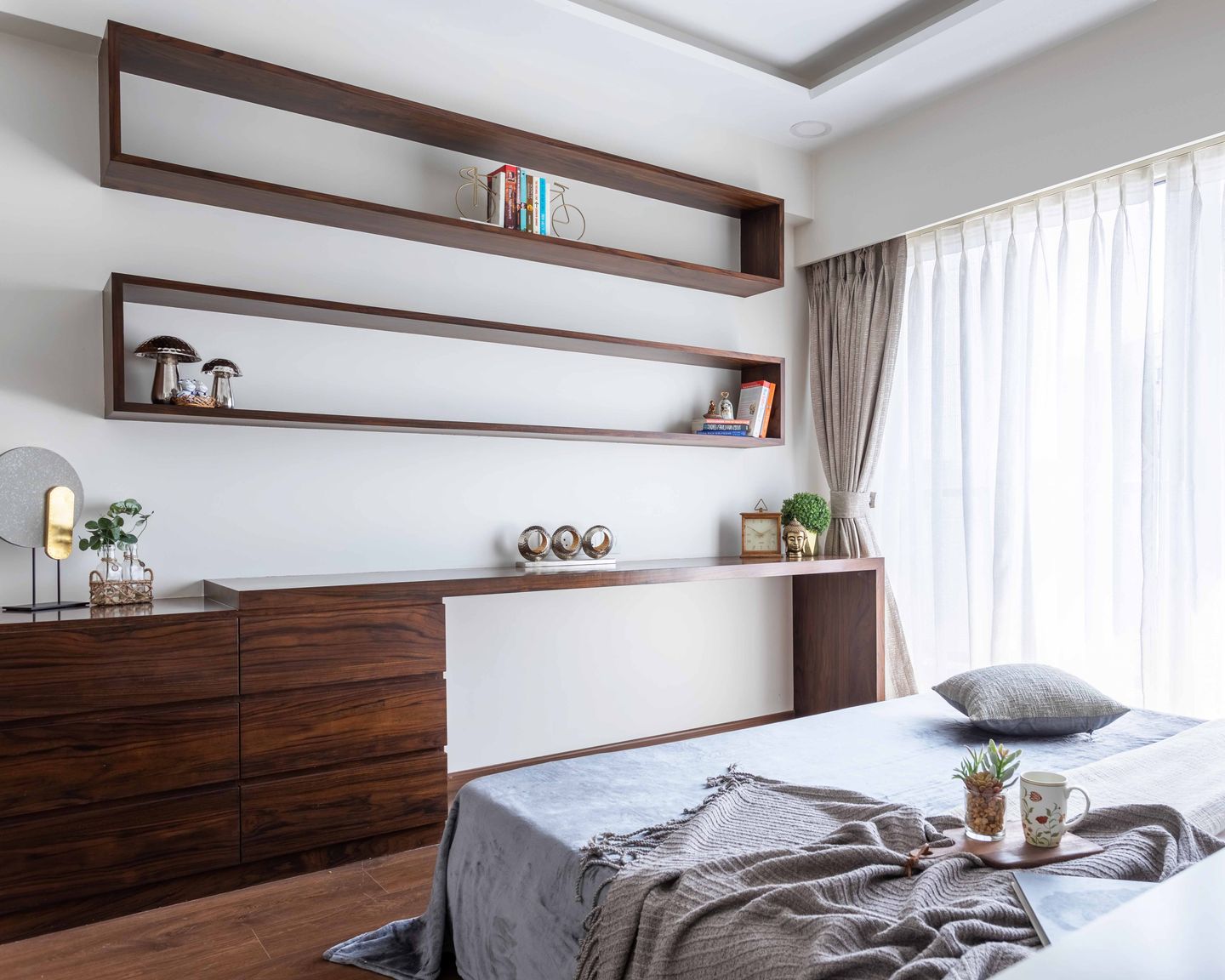 Compact Master Bedroom With Full-Length Grey Headboard And Spacious ...