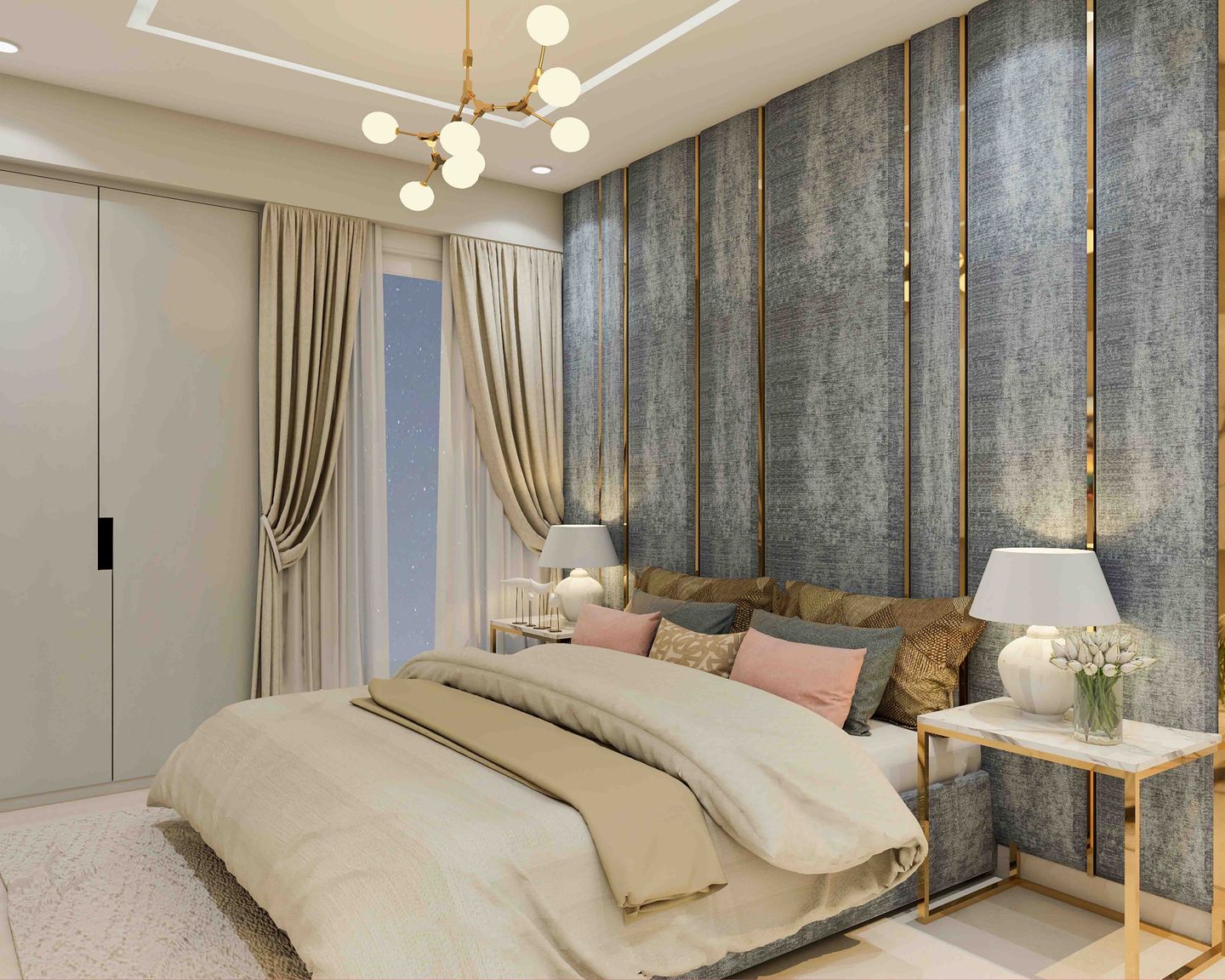 Textured Grey And Gold Wall Design With VictorianStyled Gold Strips