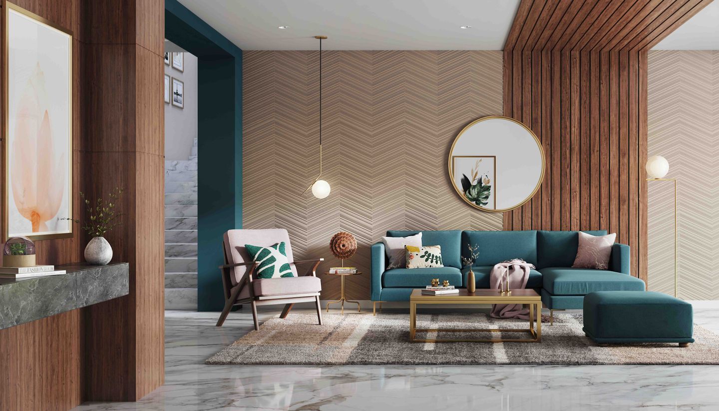 Beige And Brown Living Room Wall Design With Chevron Wallpaper And ...