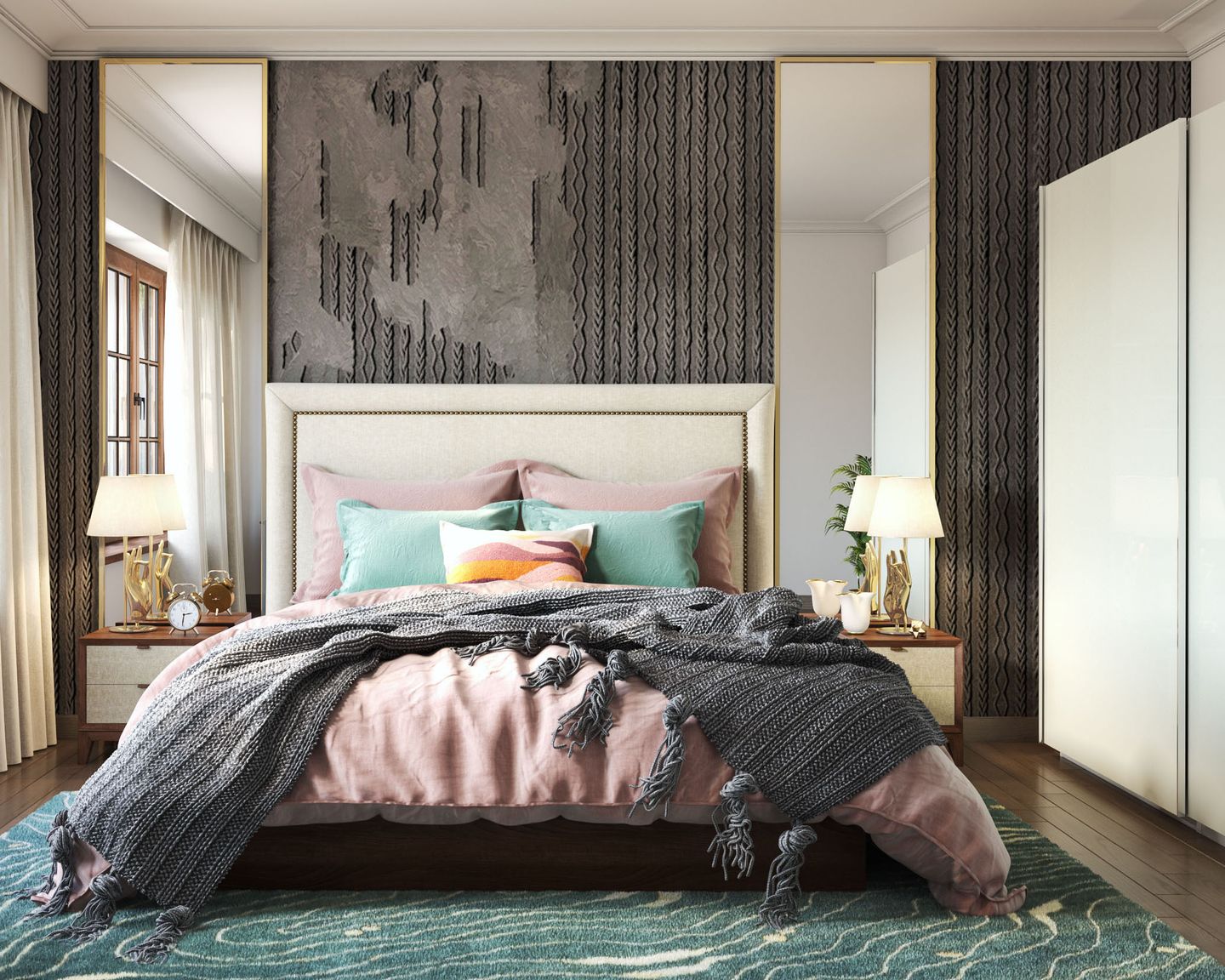 Grey Bedroom 3D Wall Design With Rustic Textured Wallpaper | Livspace