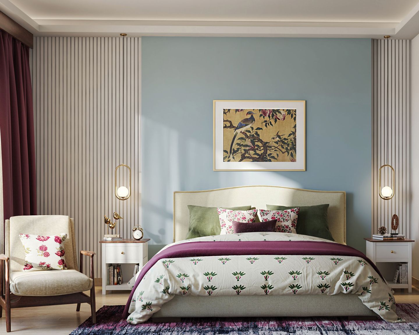 Blue And White Bedroom Wall Design With Wall Paint And Fluted Panels ...