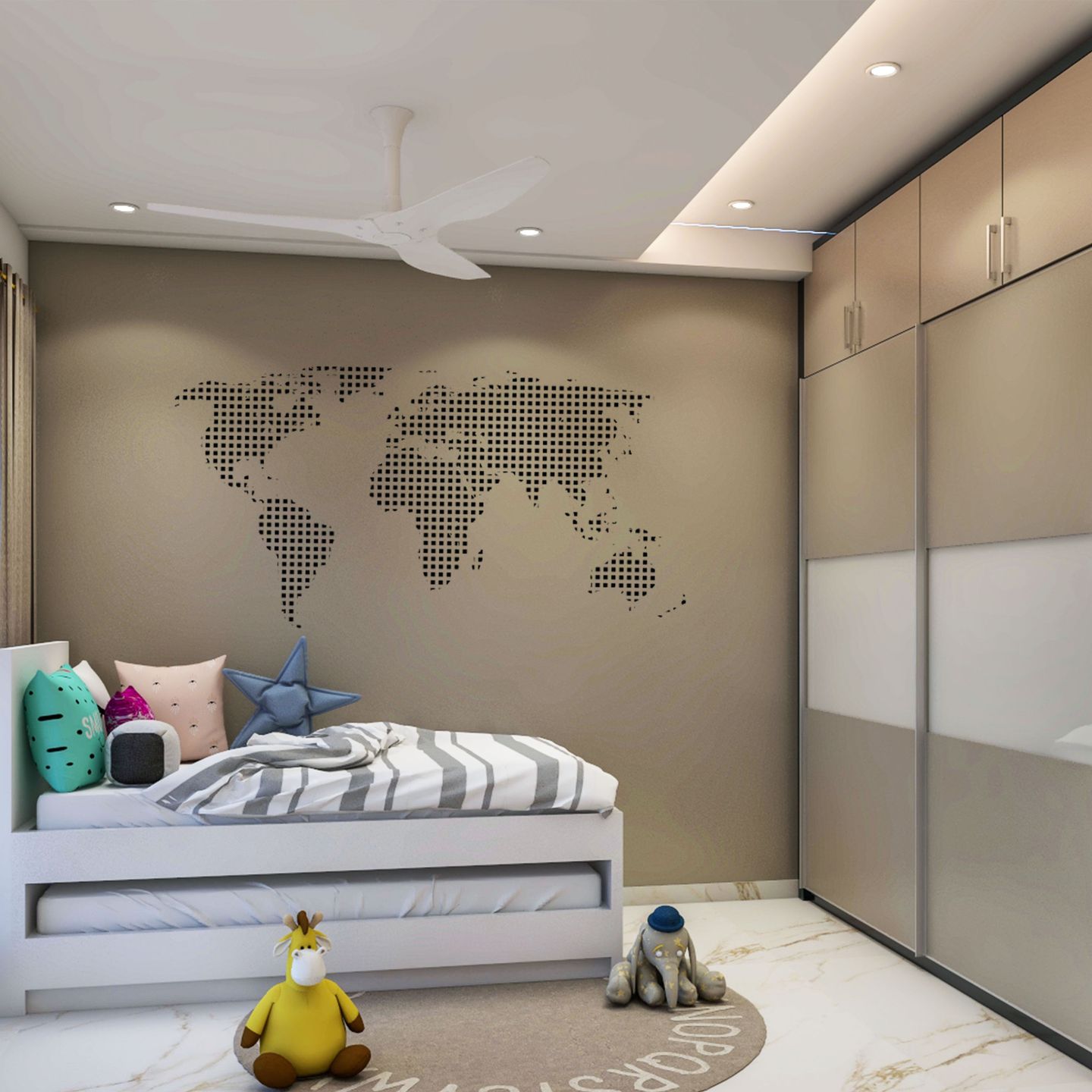 Rustic Light Brown Wall Paint Design For Kids Bedroom With World Map Wall Art - Livspace
