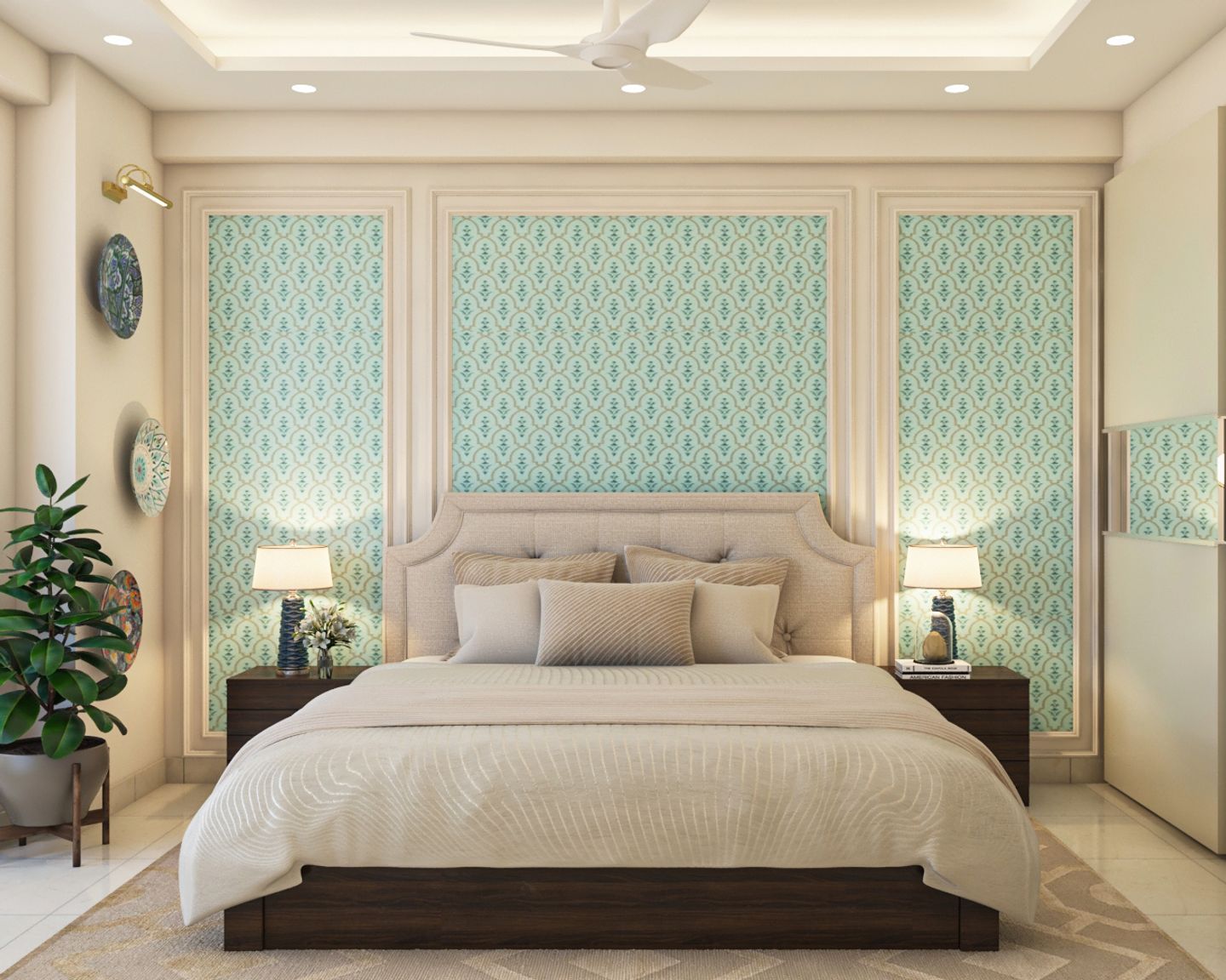 Lattice Sea Green Bedroom Wallpaper Design - Livspace
