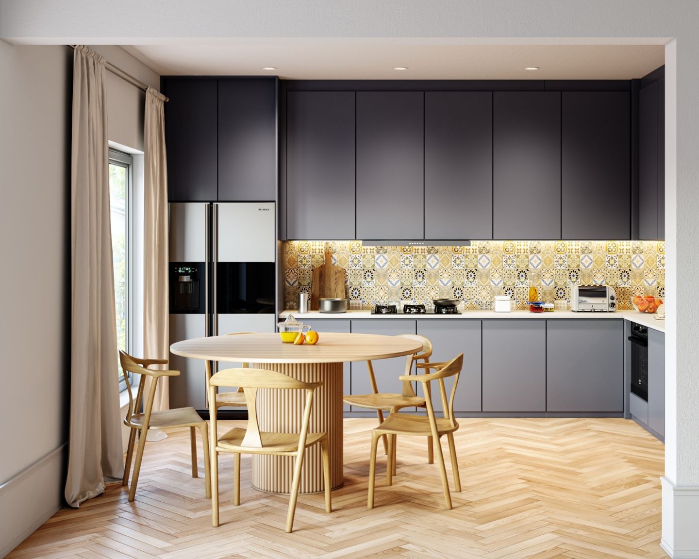 Grey L Shaped Kitchen Space Saving Ideas With Moroccan Tiles And Wooden ...