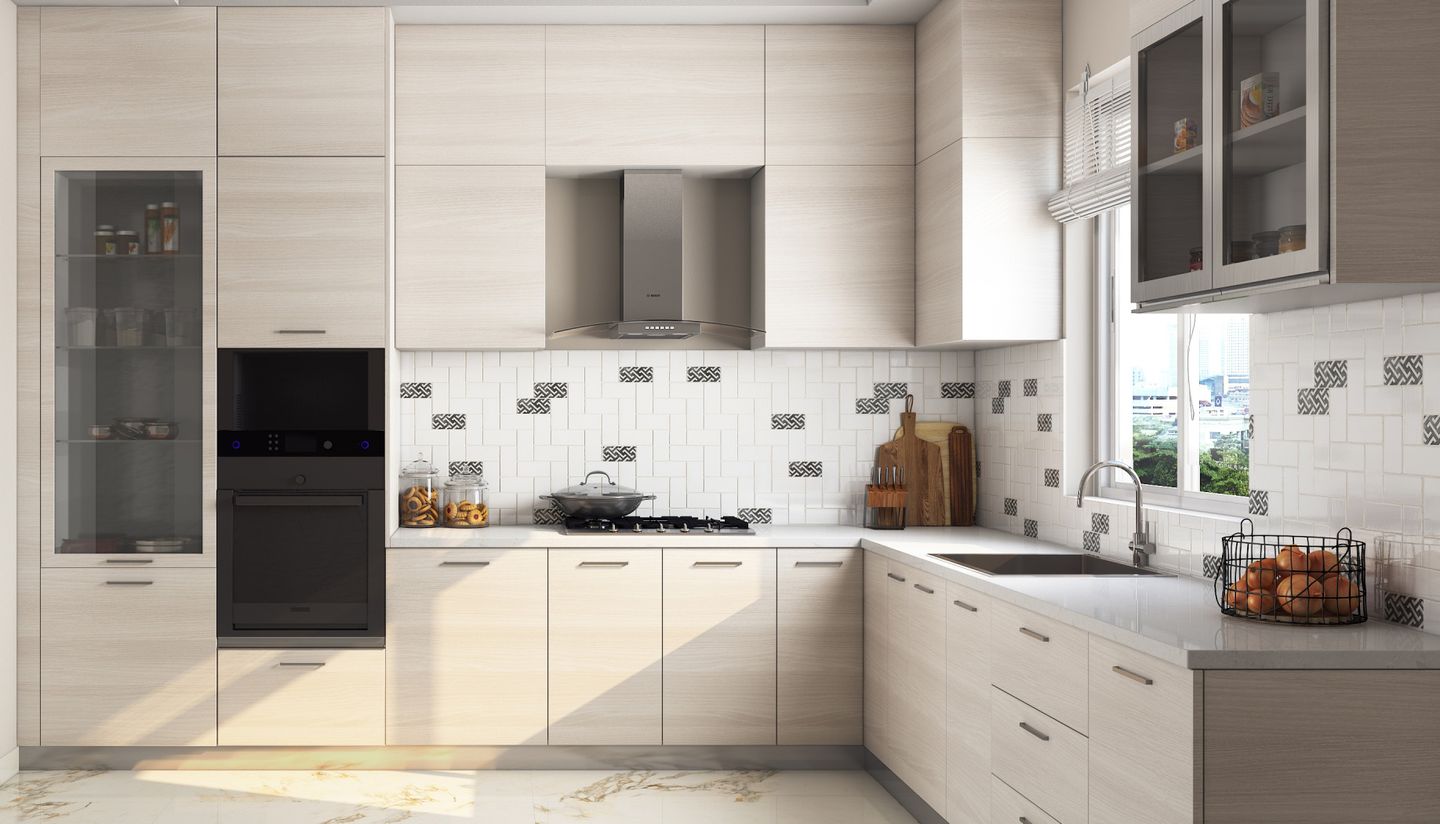 Modern White And Black Herringbone Kitchen Tiles With Light Wood ...