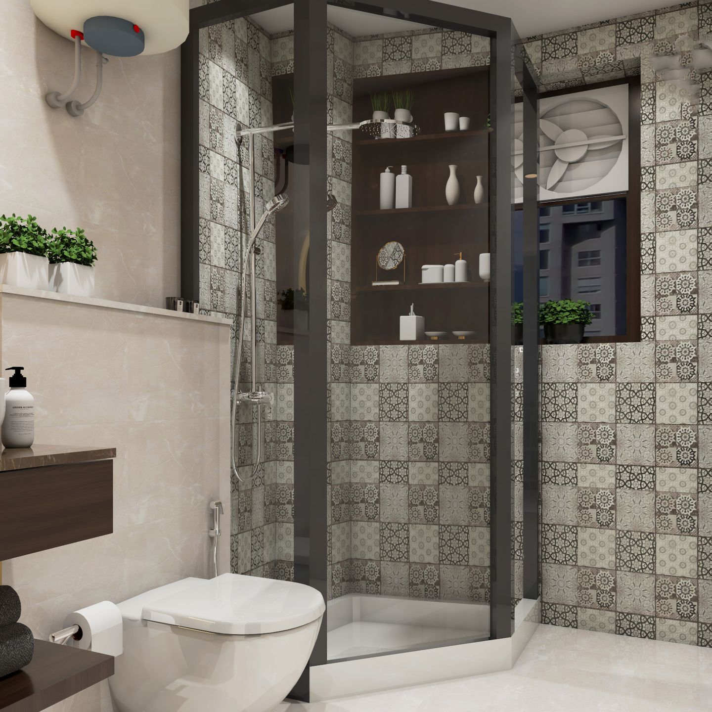 Transitional Matte Ceramic Black And Beige Bathroom Tile Design With Glass Partition - Livspace