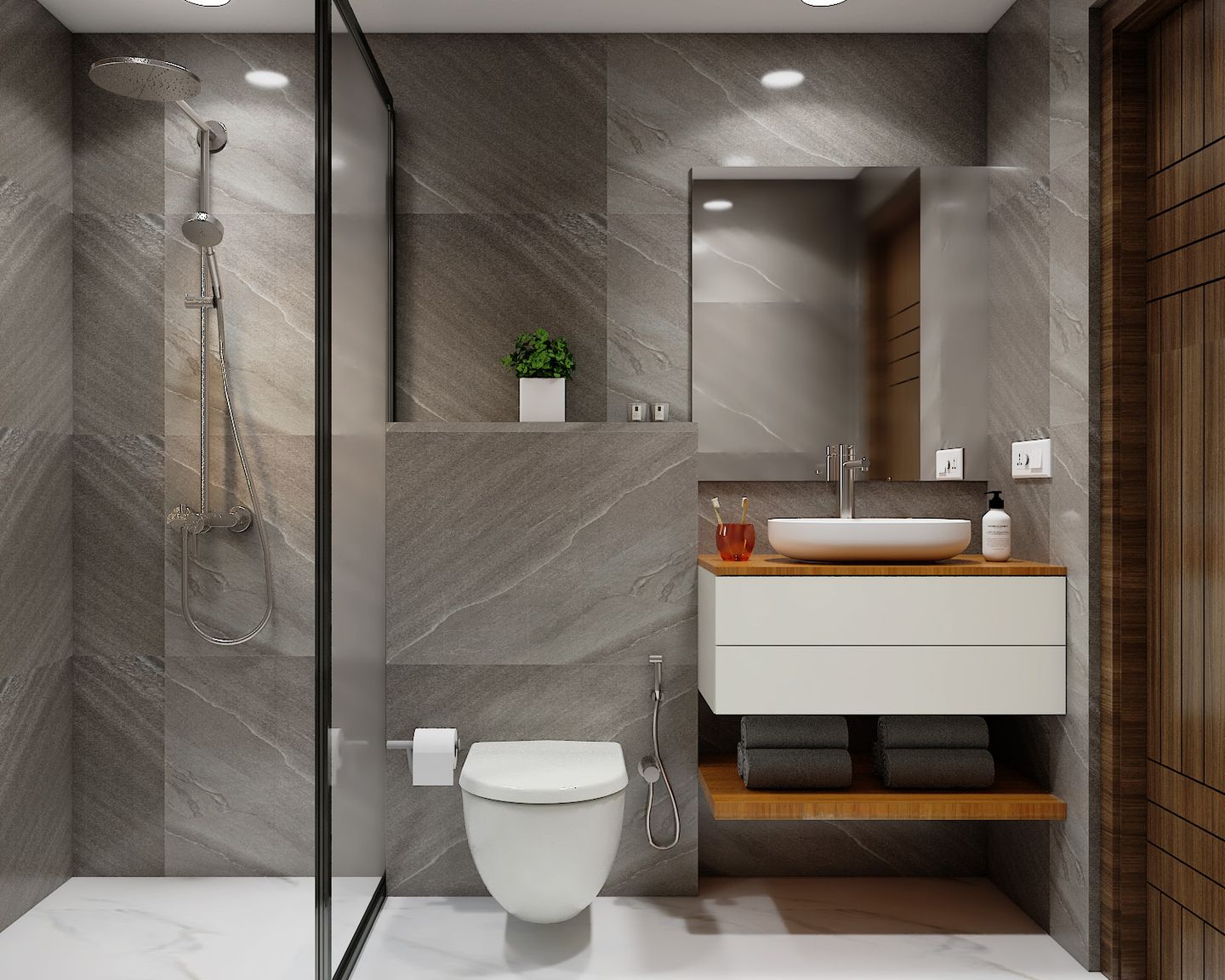 Rectangular Grey Marble Restroom Tile Design - Livspace