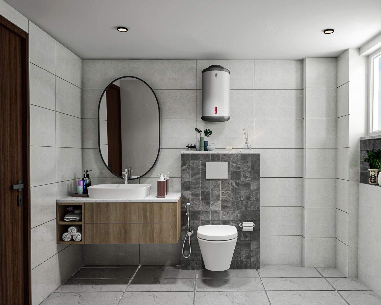 White And Grey Matte Restroom Tile Design - Livspace