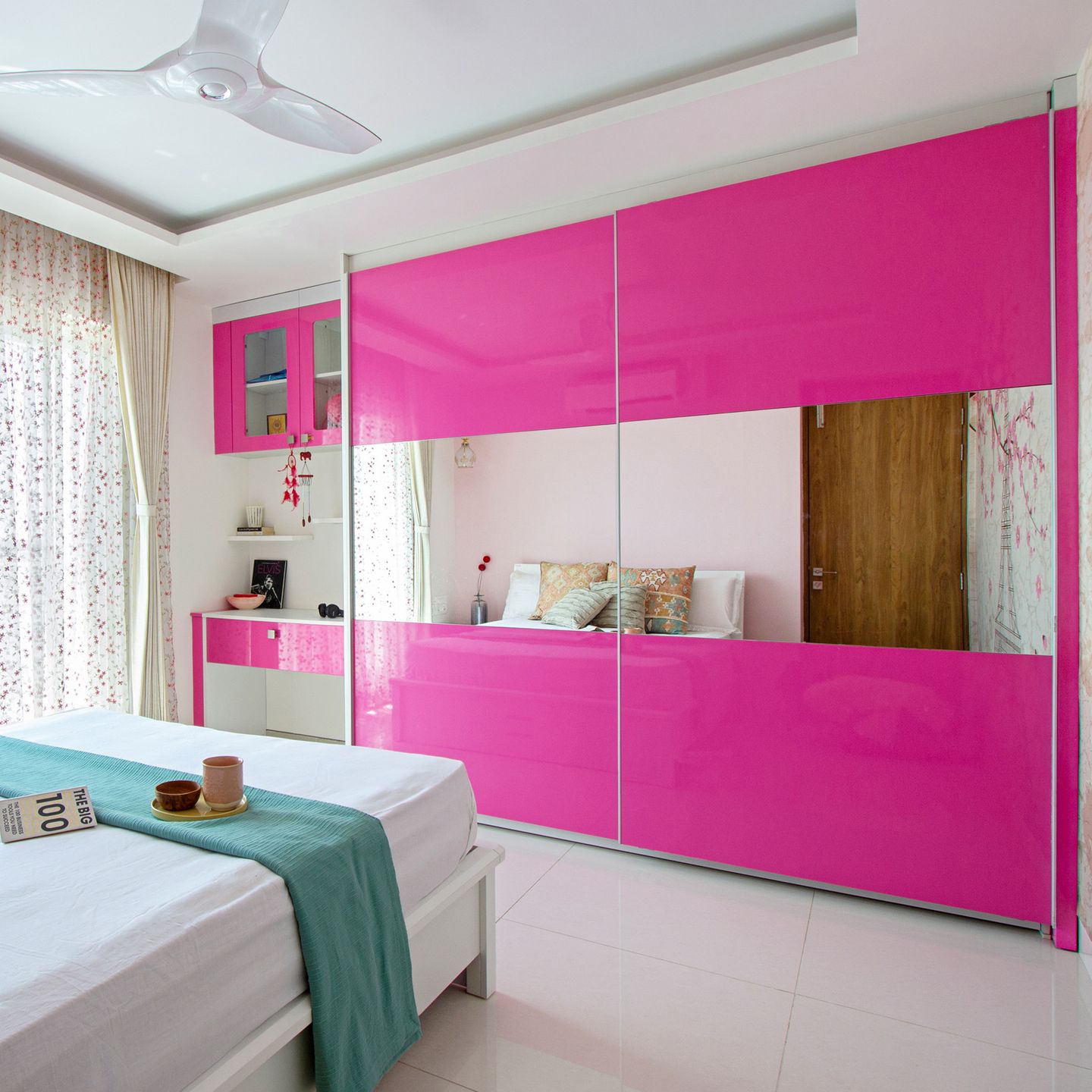 Bright Pink 2-Door Sliding Wardrobe With Mirror And Integrated Study Table - Livspace