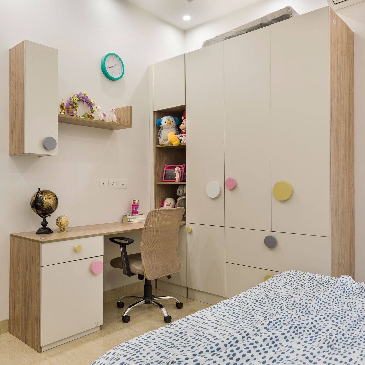 Light Grey And Wood 3-Door Swing Wardrobe Design For Kids - Livspace