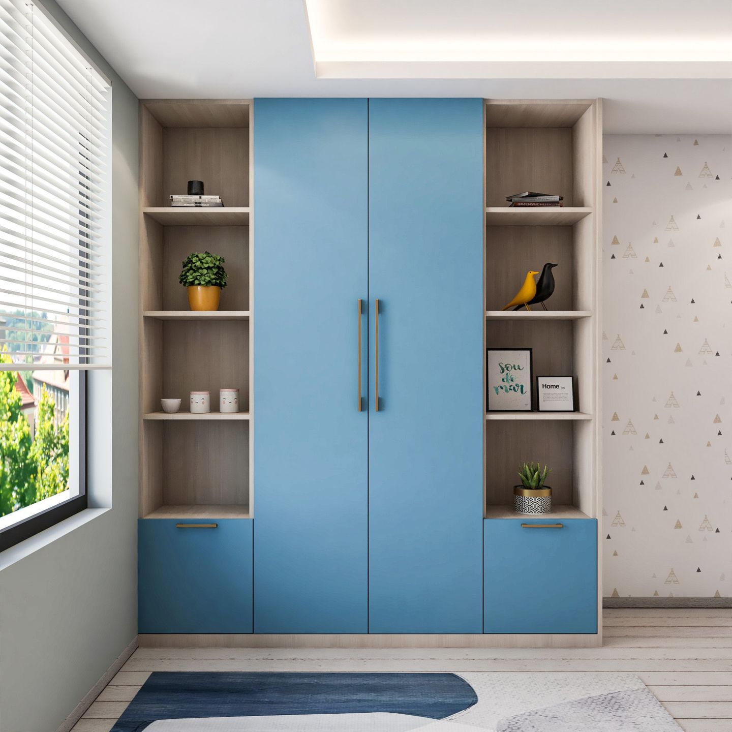 Contemporary 2-Door Blue And White Swing Wardrobe With Open Shelves - Livspace