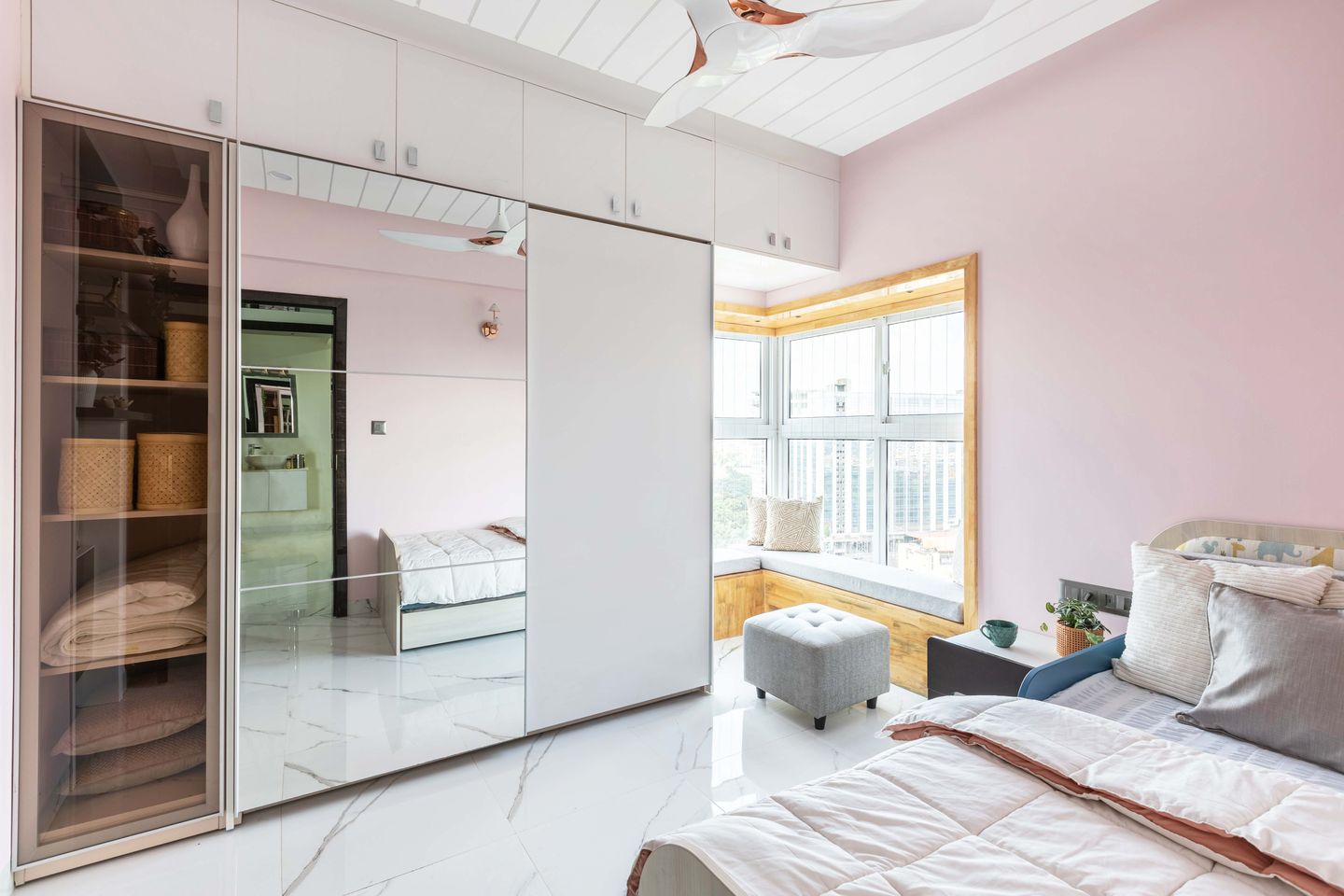 2-Door Sliding Door Wardrobe Design With Mirror And Loft Storage In White - Livspace