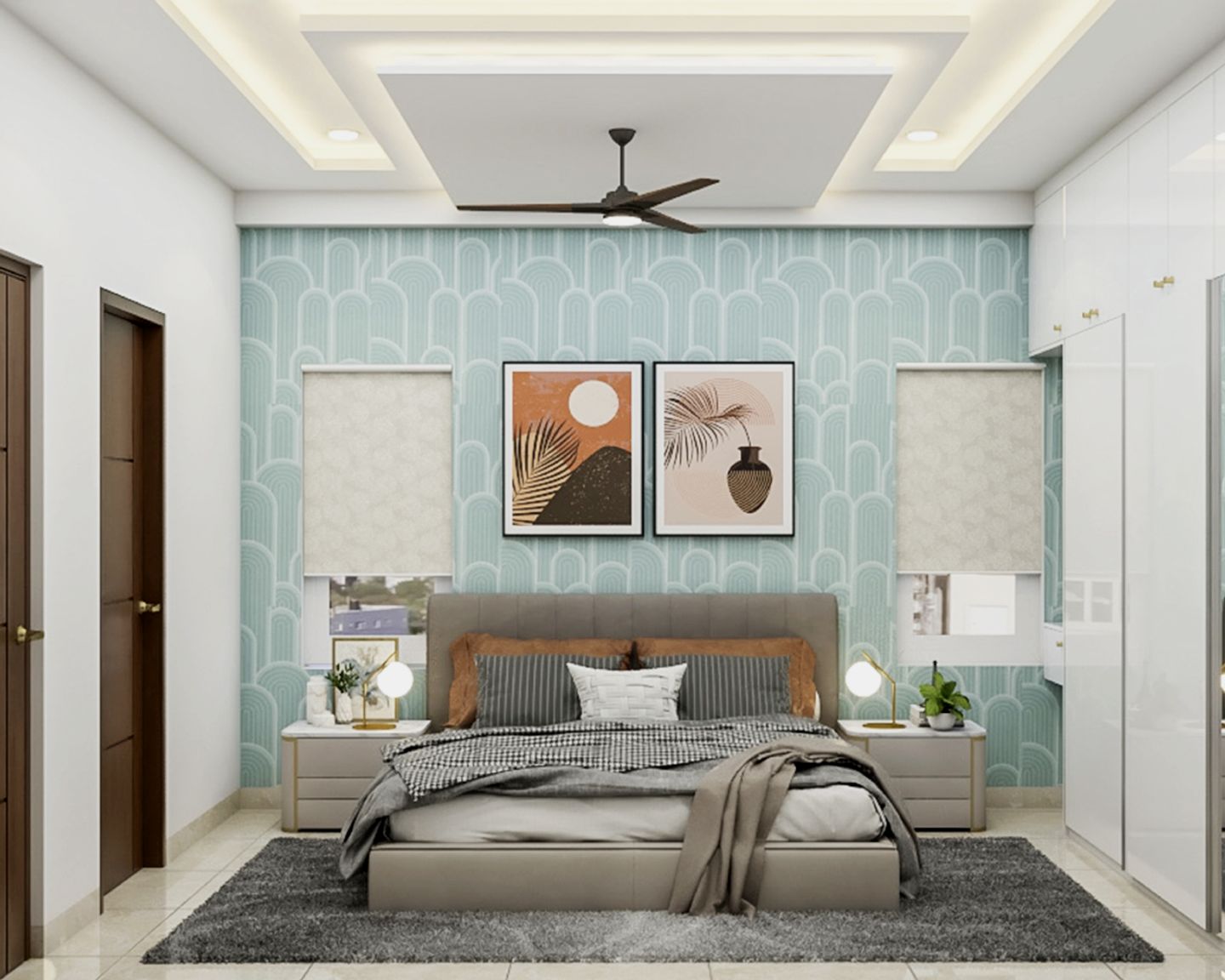 DoubleLayered Gypsum Bedroom Ceiling Design With Recessed Lights And