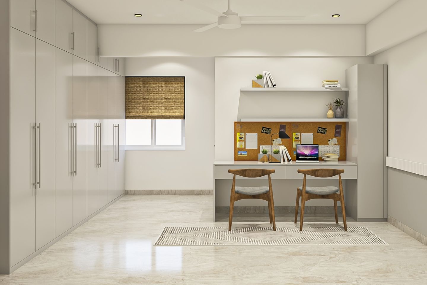 Beige Marble Flooring Design With Modern Aesthetics, Dual-Study Table And 8-Door Swing Wardrobe - Livspace