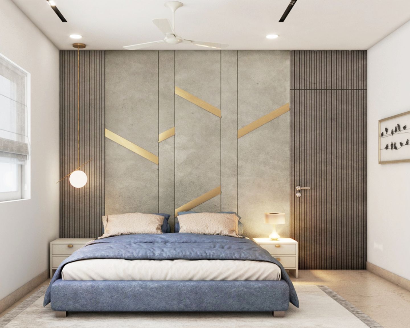 Guest Room Design With Blue Bed, White Side Tables, Light Grey Accent Wall, Fluted Panelling And Gold Inlay - Livspace