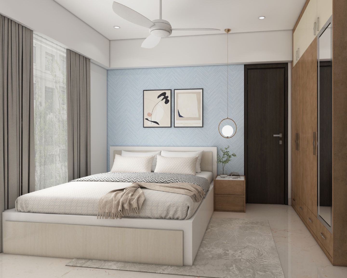 Modern Guest Bedroom With White Bed, 3-Door Wooden Swing Wardrobe And Light Blue Accent Wall - Livspace