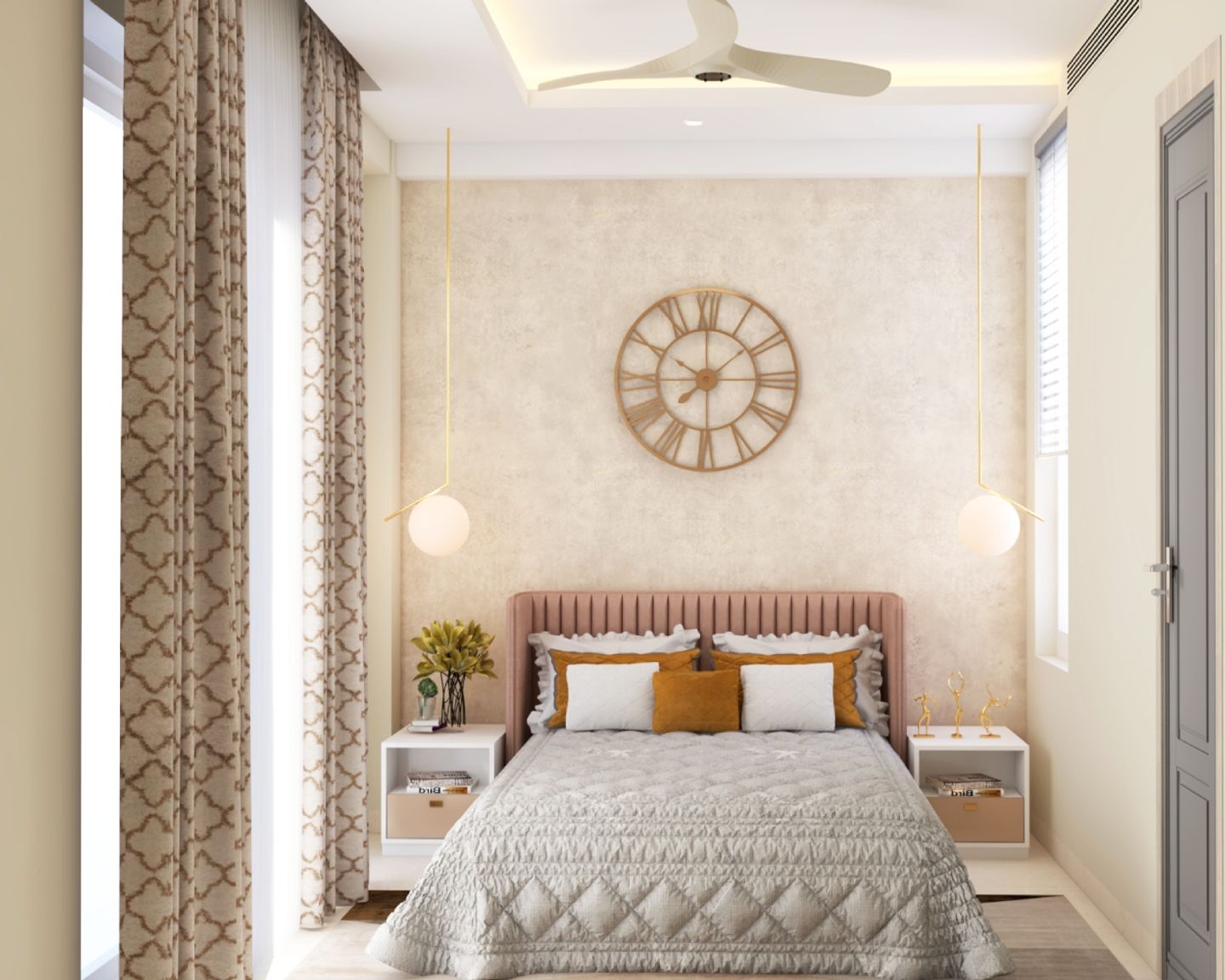 Beige Guest Room Design With Textured Wallpaper And Drop Down Lights ...