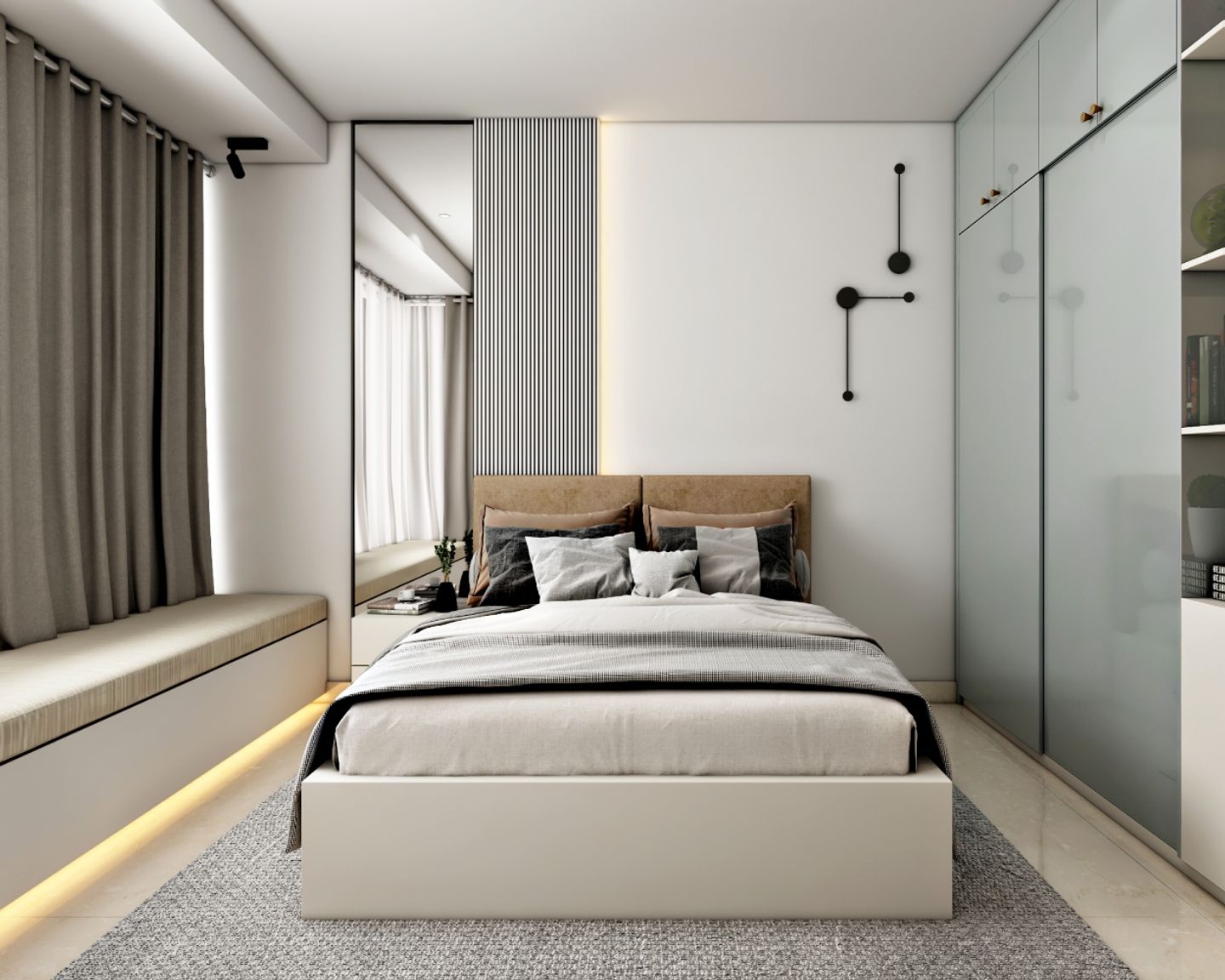 Guest Room Design With Brown And White Bed, Beige Window Seater And 2-Door Grey Sliding Wardrobe - Livspace