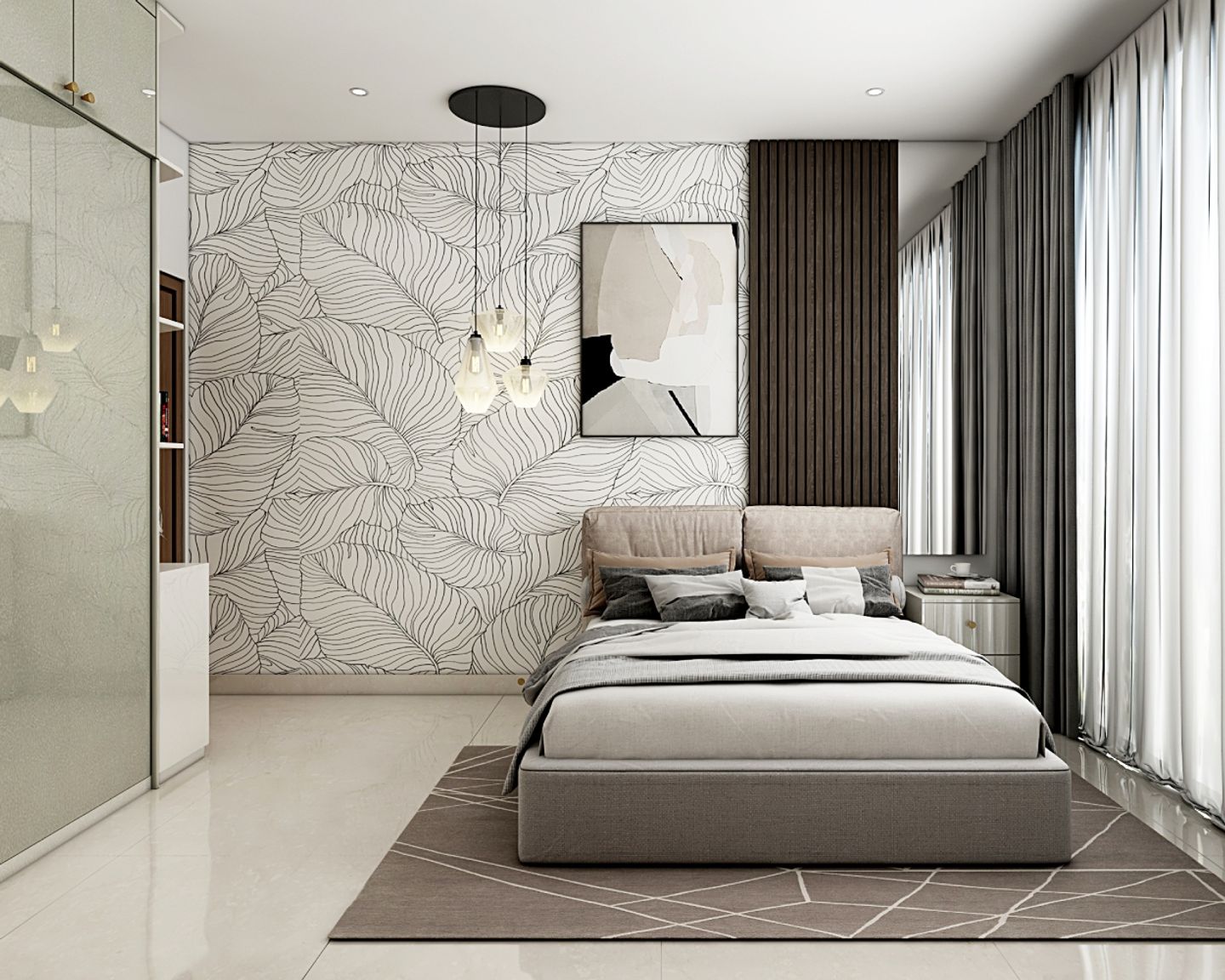 Spacious Guest Room Design With Beige Bed, Off-White Side Table And Mirror, 2-Door Glossy Grey Sliding Wardrobe And Leafy Abstract Wallpaper - Livspace