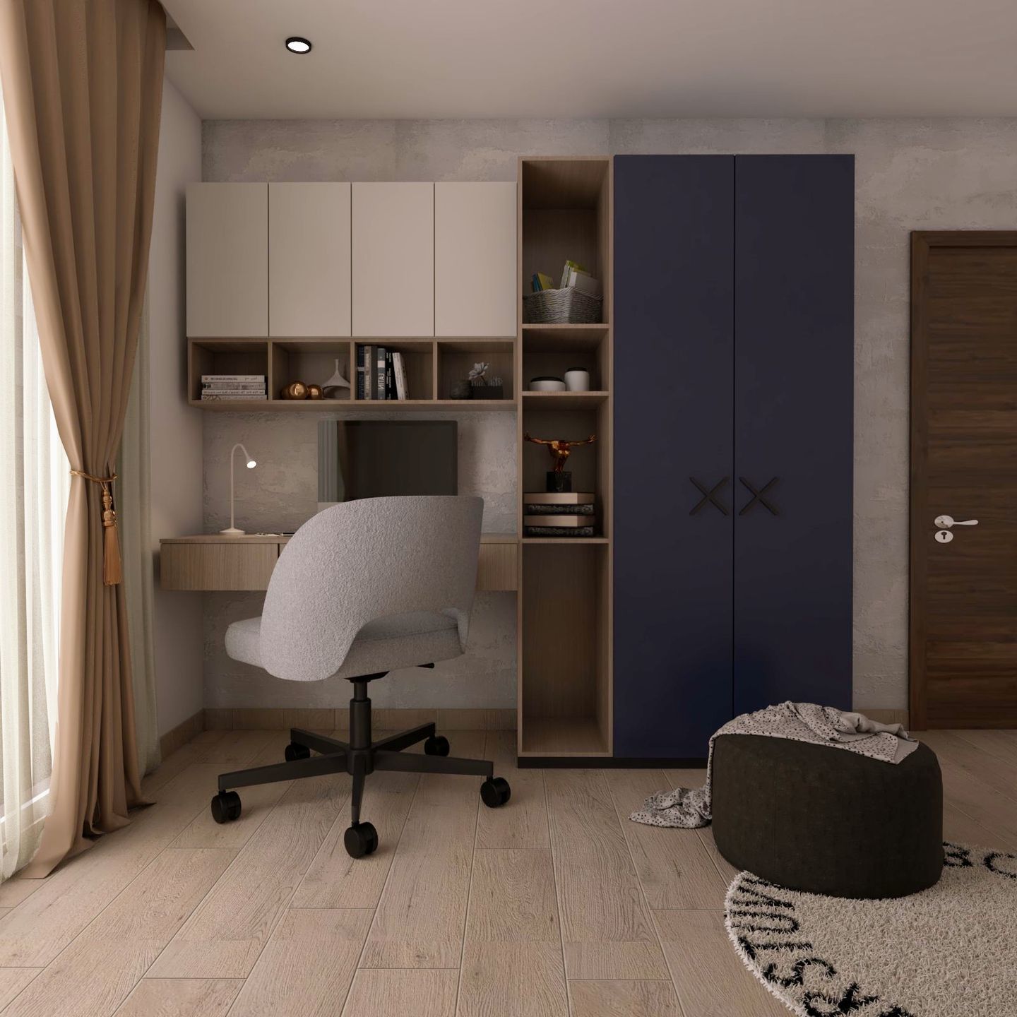 Wall-Mounted Contemporary Wood And White Home Office Design With Wave Blue Wardrobe And Grey Swivel Chair - Livspace