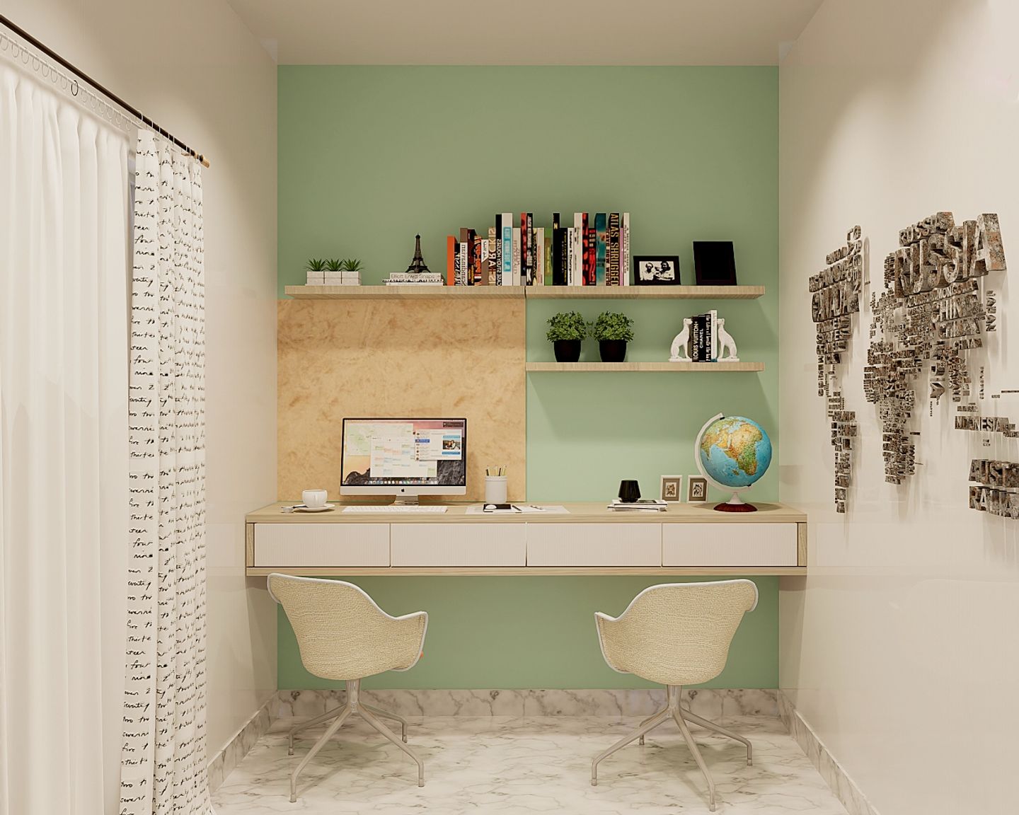 White And Wood Compact Home Office Design With Light Green Accent Wall