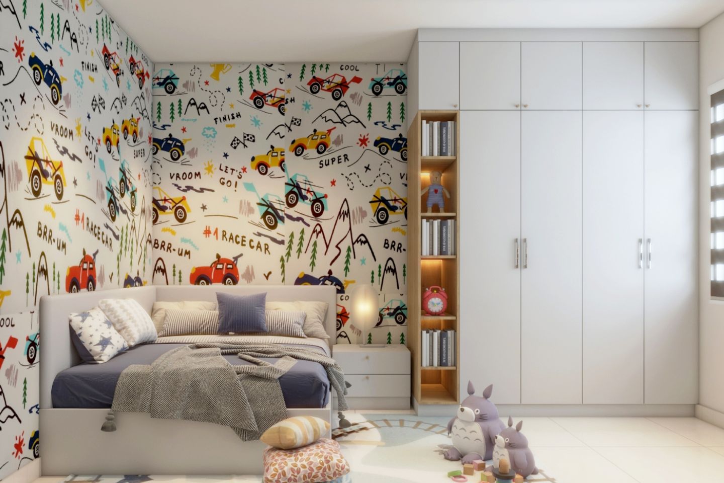 Modern Kids Room Design With 4-Door Swing Wardrobe And Wall-Mounted ...