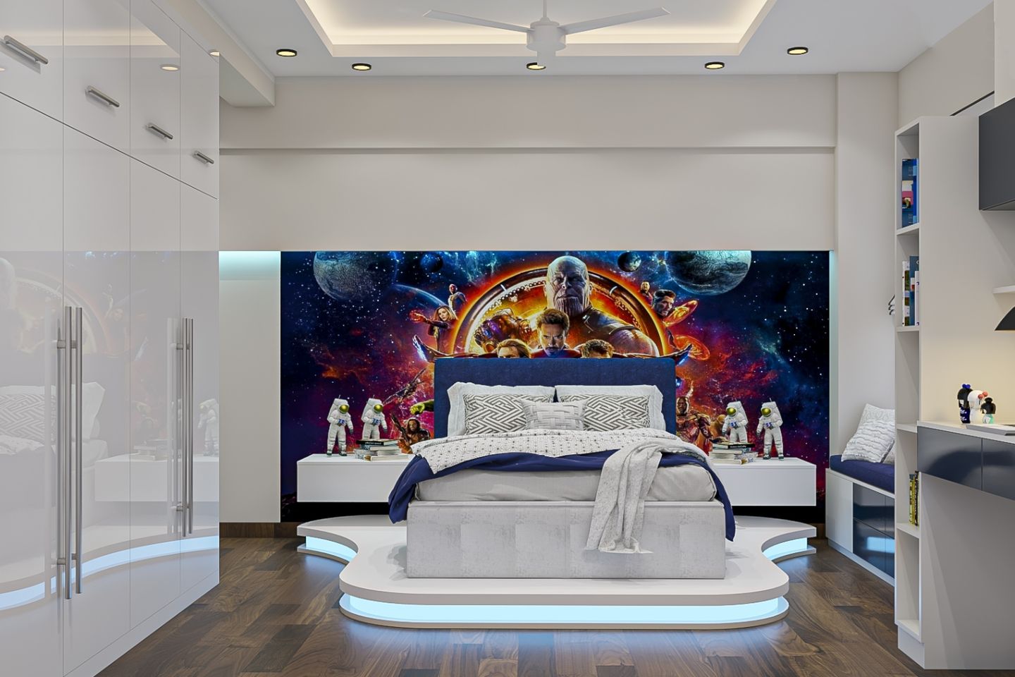 Modern Kids Bedroom Design With Avengers-Themed Wallpaper, Swing Wardrobe And Platform Bed - Livspace